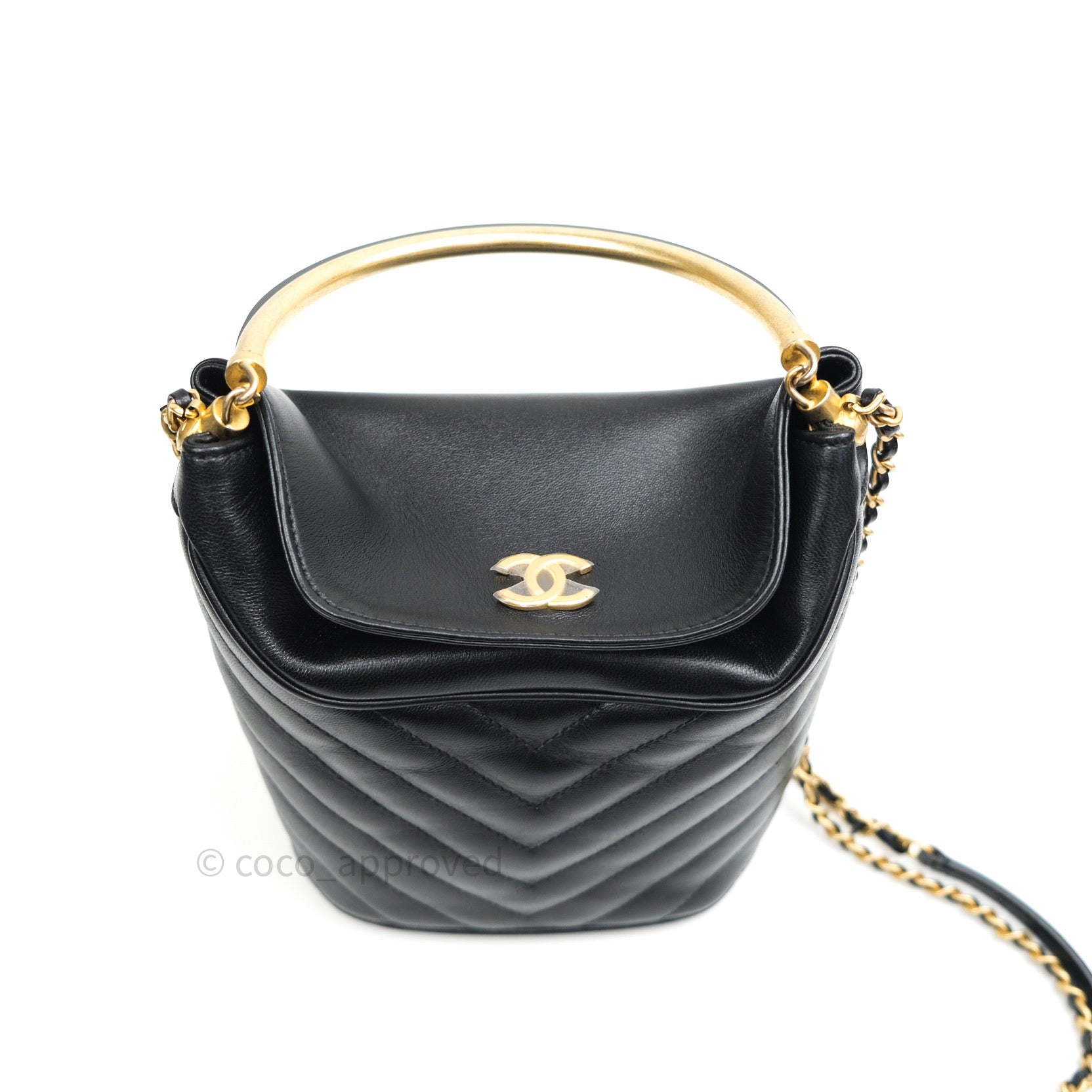 Chanel Chic Black Lambskin Chevron Quilted Bucket Bag with Handle - Luxury Women's Shoulder Bag for Work, Travel & Evening Events