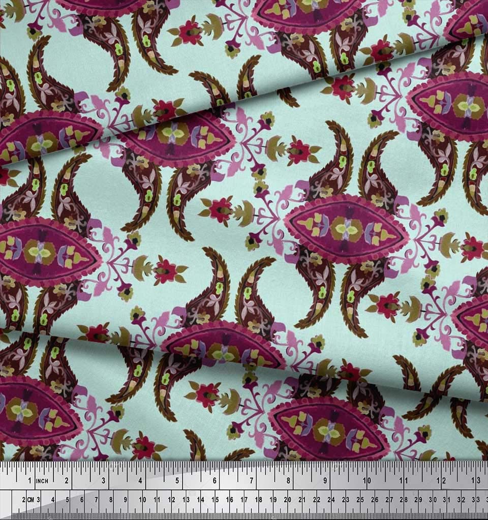 Soimoi 100% Cotton Jersey Fabric - Green Leaves & Floral Paisley Print - 58