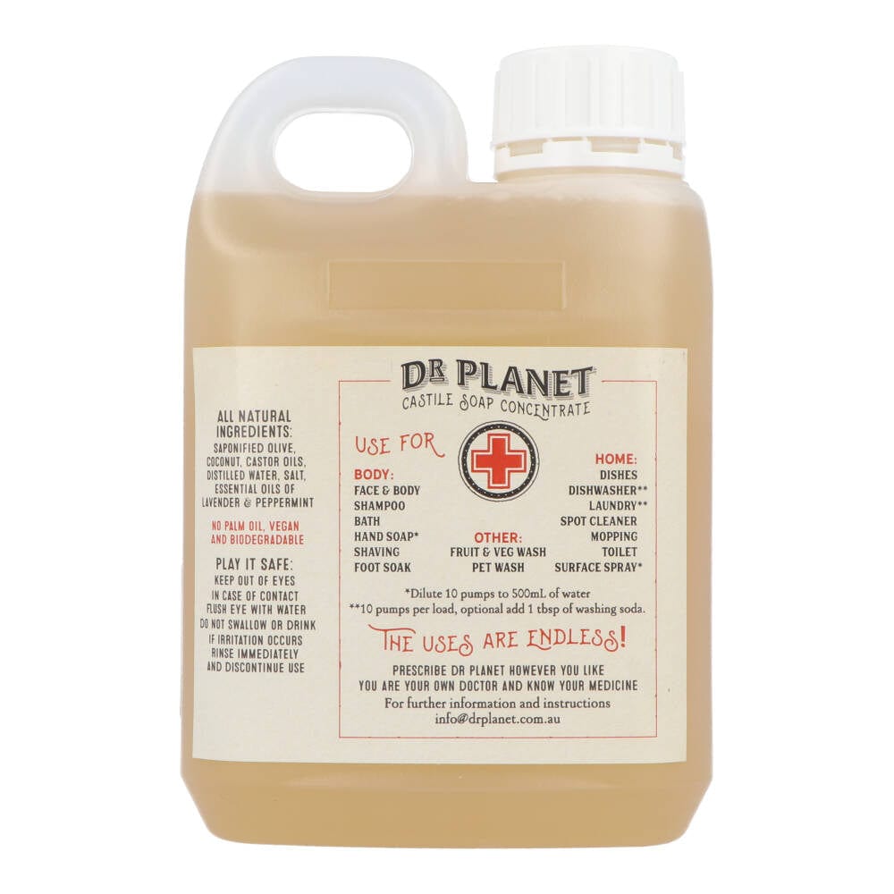 Dr Planet Organic Castile Soap 1L - Pure Liquid Soap for Face, Body & Hair - Vegan, Cruelty-Free - Perfect for Shower, Bath & Hand Washing