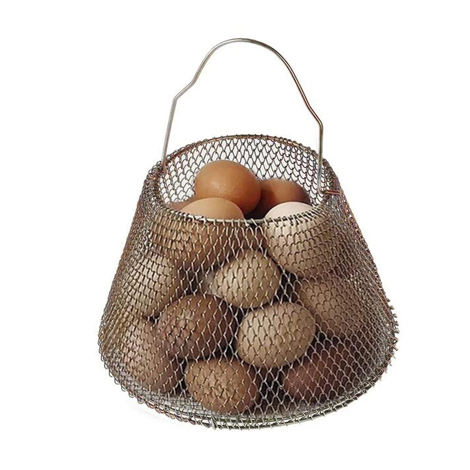 Musltaiy Foldable Metal Ribbon Handle Egg Storage Basket - Wire Egg Basket for Collecting Fresh Eggs - Durable Black Metal Egg Holder - Perfect for Farm, Kitchen & Farmers Market Use