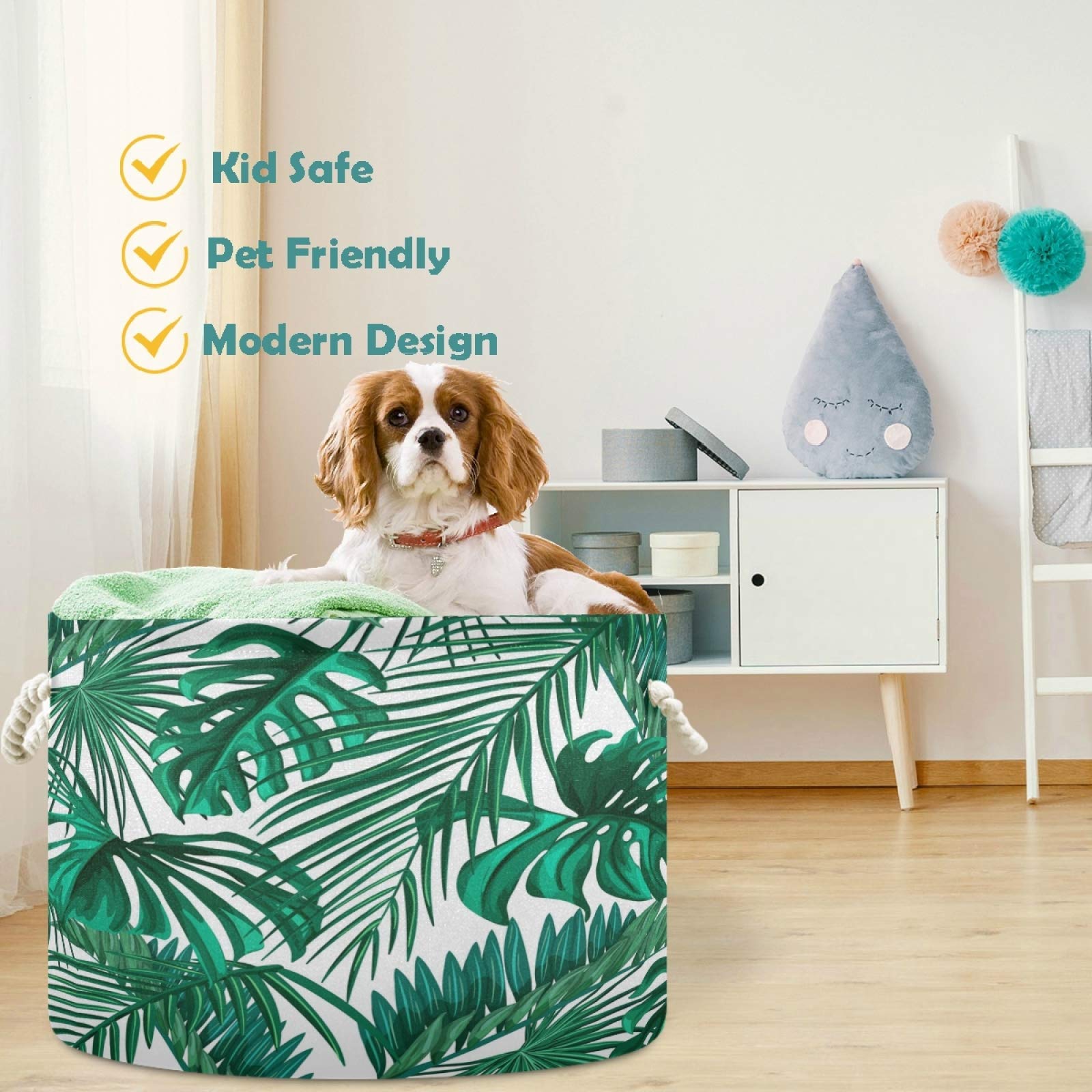 Tropical Palm Leaf Storage Basket - Canvas Fabric Toy Organizer Bin for Kids Room, Playroom, Shelves & Laundry | Nursery Hamper, Toy Storage Box | Perfect for Organizing Toys, Clothes & Home Decor