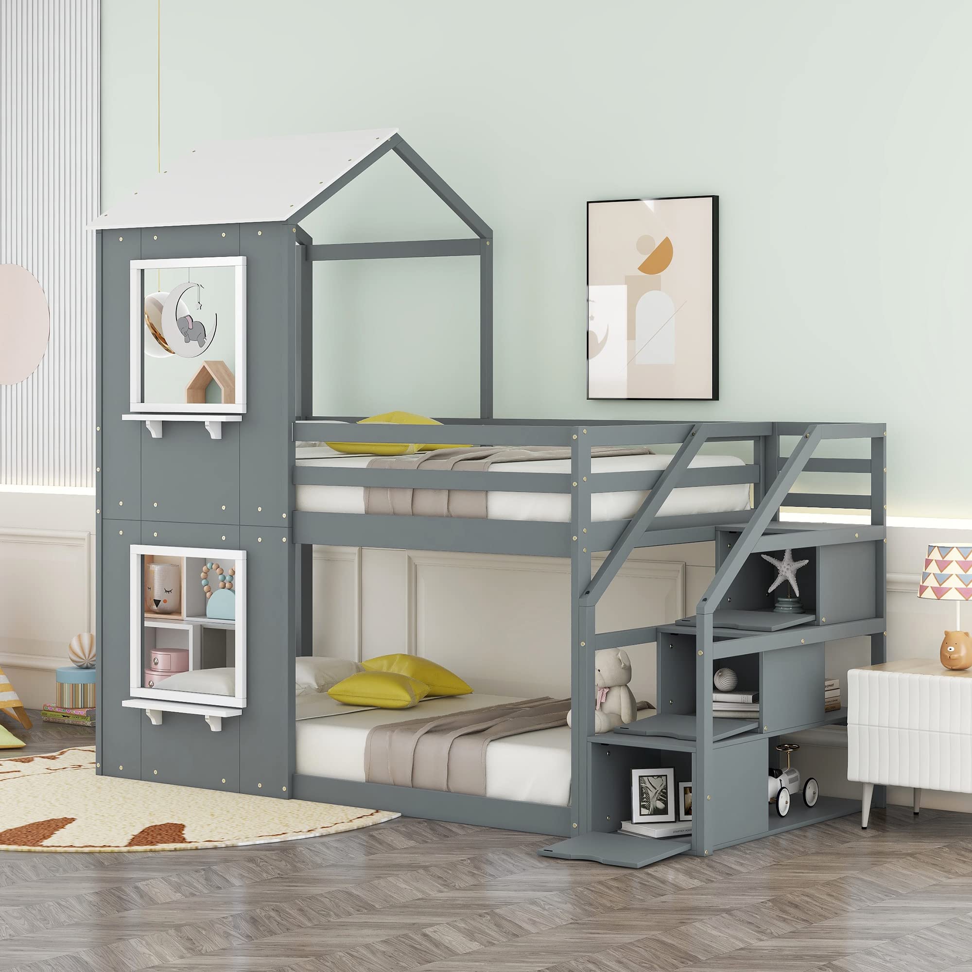 P PURLOVE Twin Over Twin Kids Bunk Bed with Stairway, Storage Shelves & Playhouse Design - Sturdy Wooden Loft Bed with Roof & Window for Boys, Girls, Teens - Perfect for Small Bedrooms, Shared Kids Rooms & Sleepovers