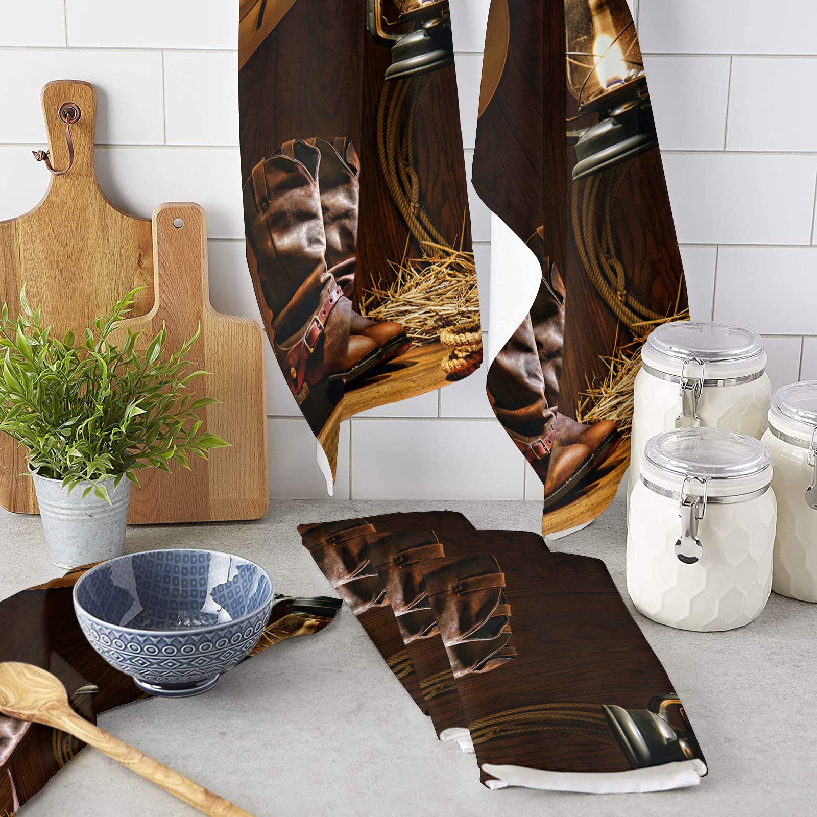 4 Pack Super Absorbent Microfiber Kitchen Dish Towels - Soft Cowboy Boot Print Dishcloths, Hand Towels & Tea Towels for Kitchen, Bathroom & Bar | Perfect for Drying Dishes, Cleaning Surfaces & Western-Themed Decor