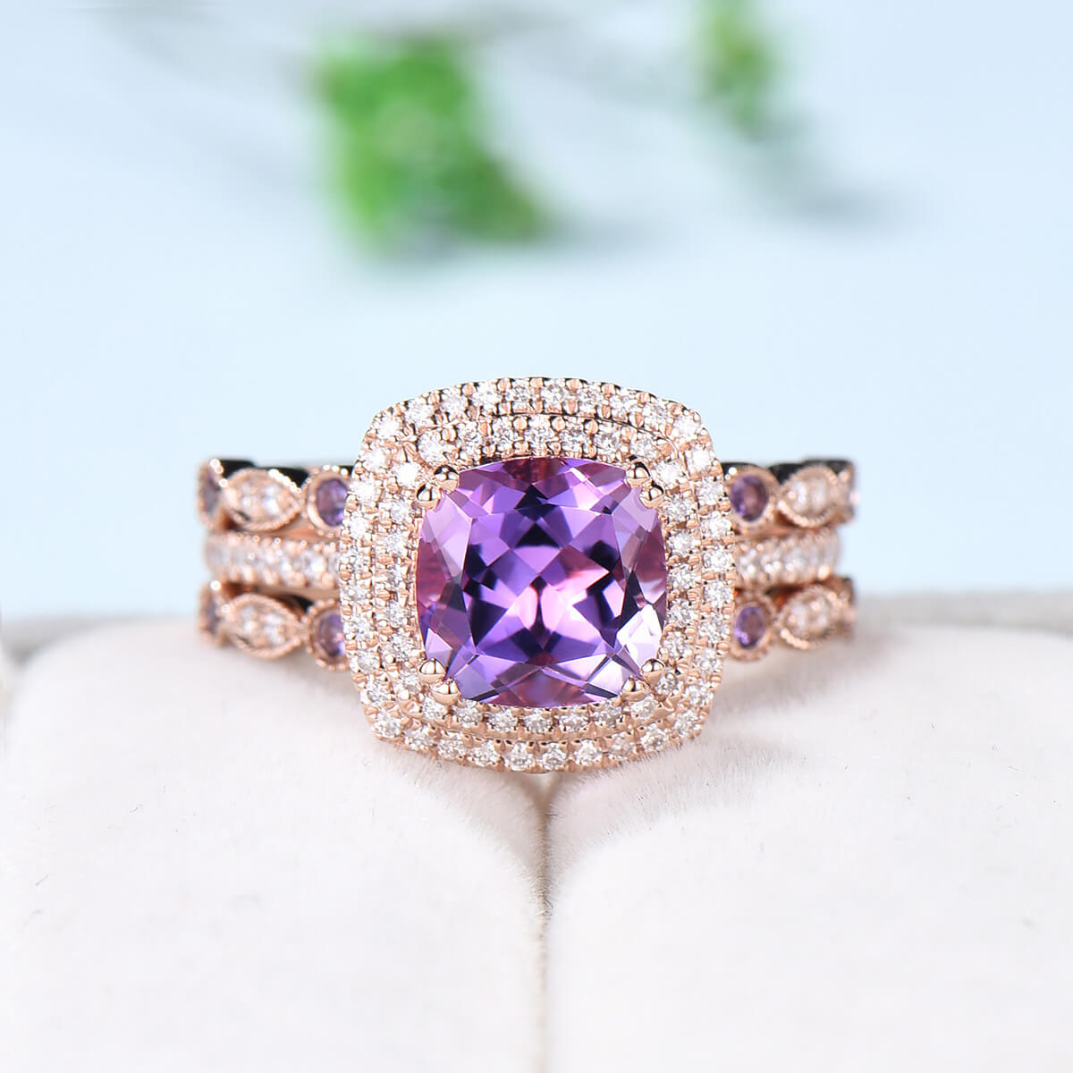 Amethyst Diamond Wedding Ring Set in Rose Gold - Vintage Double Halo Engagement Ring for Women, Anniversary Gift - Perfect for Bridal Jewelry, Wedding Bands & Special Occasions