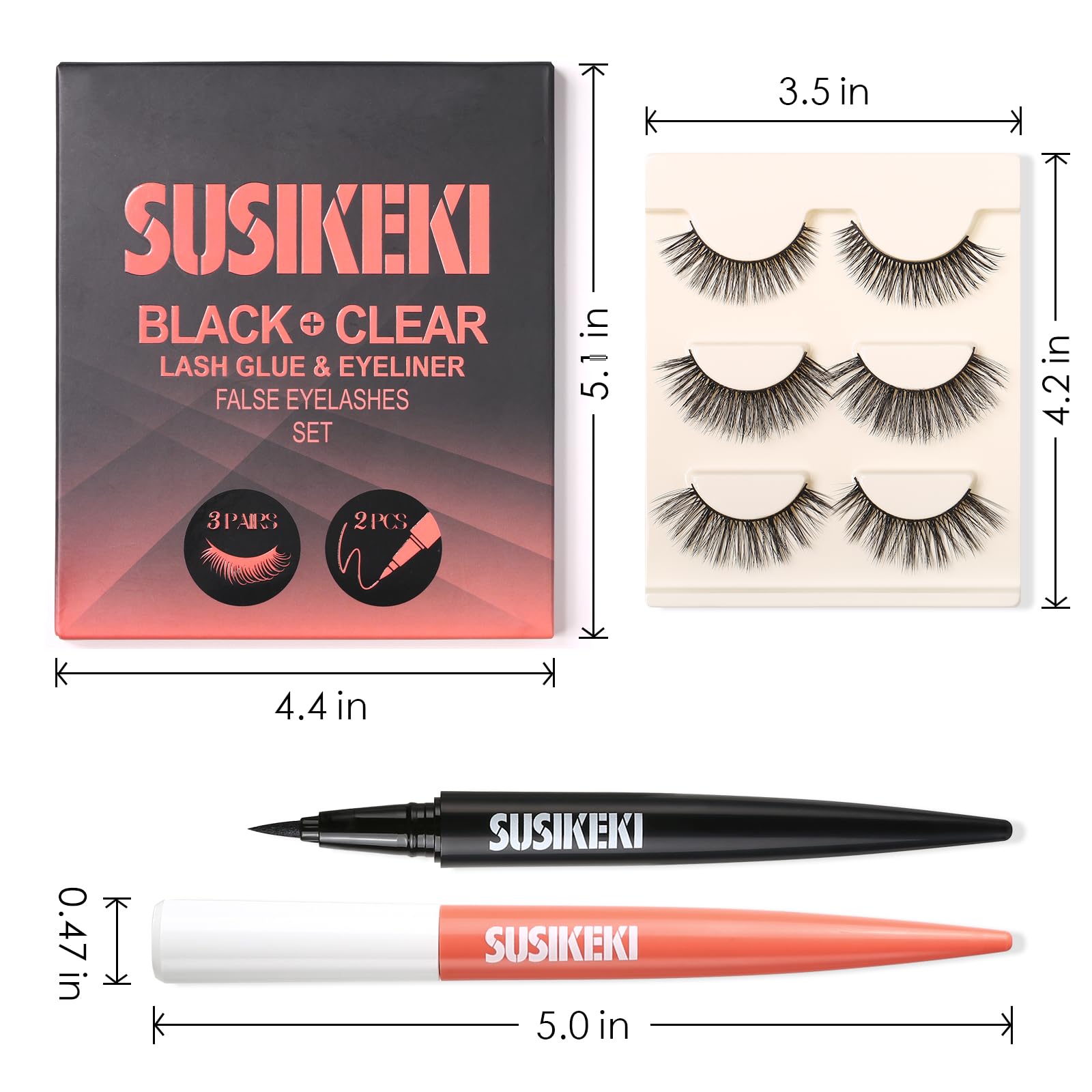 2-in-1 Black Eyelash Glue & Eyeliner Set with Clear Lash Adhesive + 3 Pairs 3D Natural False Eyelashes - Waterproof, Quick-Dry, Long-Lasting Felt Tip Pen Liner for Dramatic Eye Makeup Looks - Perfect for Parties, Weddings and Special Occasions