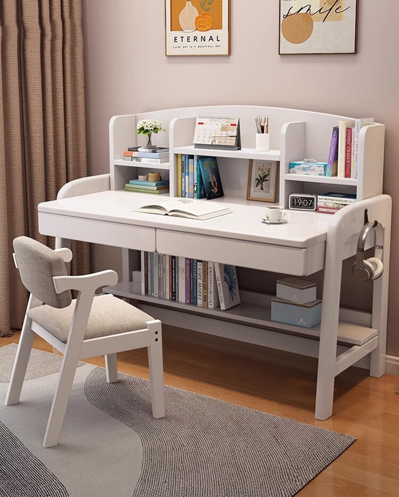 Solid Wood Kids Desk with Drawers & Bookshelf - Adjustable Height Study Desk for Children & Teens - Home Office Computer Workstation with Storage & Hooks - Perfect for Homeschooling & Remote Learning (White with Chair)