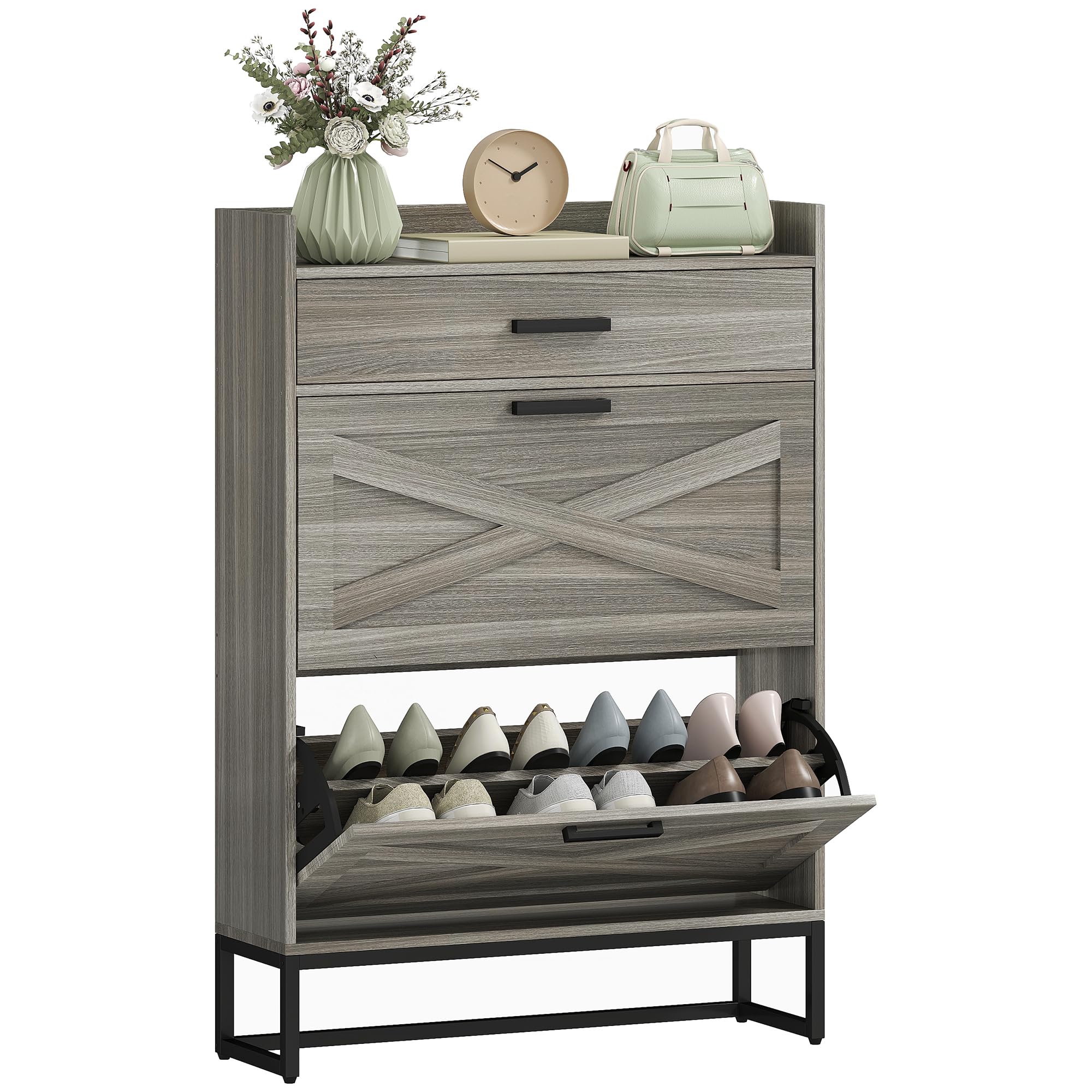 HOMCOM 12-Pair Narrow Shoe Storage Cabinet with Adjustable Shelves & 2 Flip Drawers - Farmhouse Entryway Shoe Organizer with Top Drawer, Distressed Gray for Hallway, Closet & Mudroom Organization