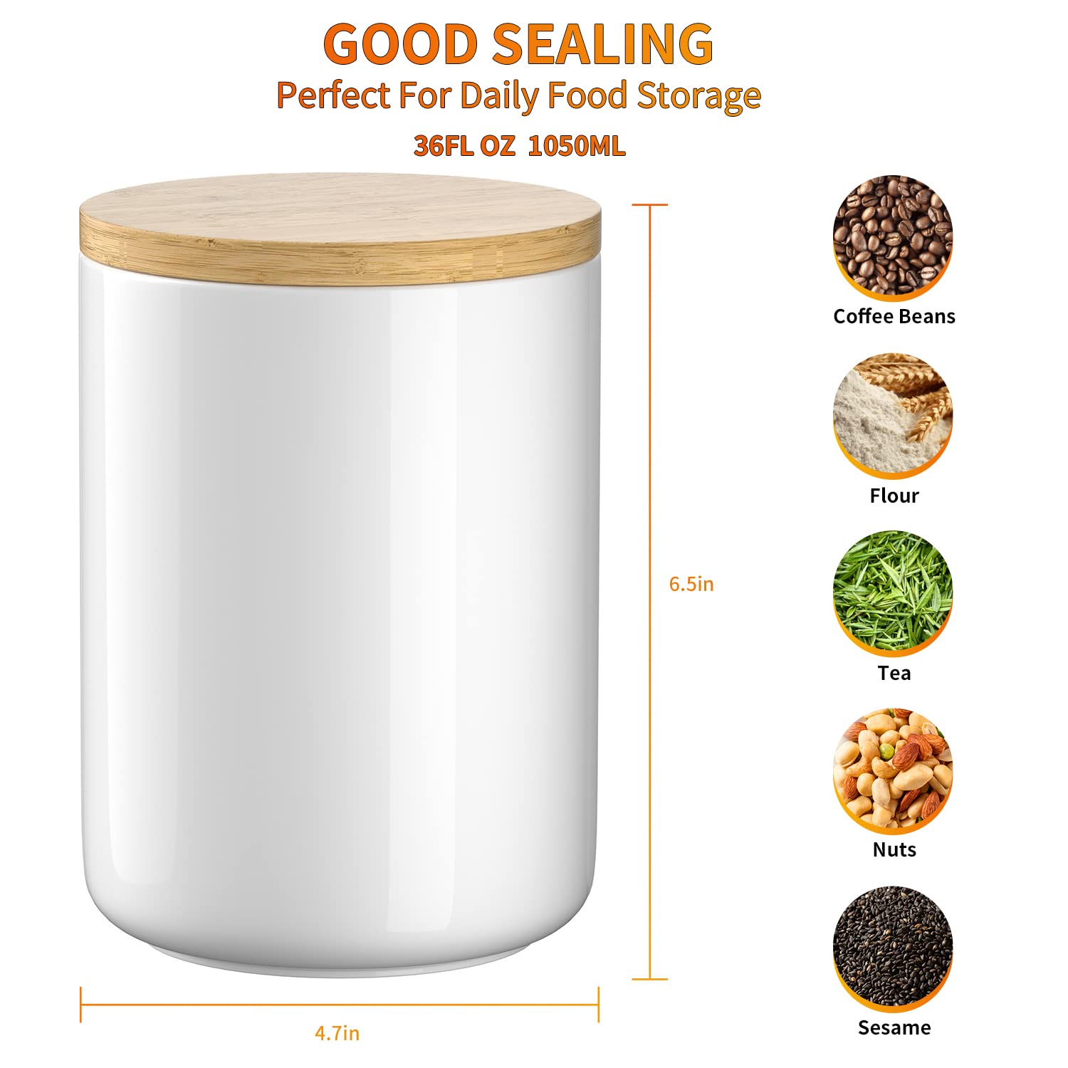 Premium White Ceramic 1050mL (4 Cup) Airtight Food Storage Canister with Bamboo Lid & Silicone Seal - Ideal for Coffee, Sugar, Snacks, Pet Treats & Baking Ingredients - Perfect for Kitchen Counter, Pantry Organization & Gift Giving
