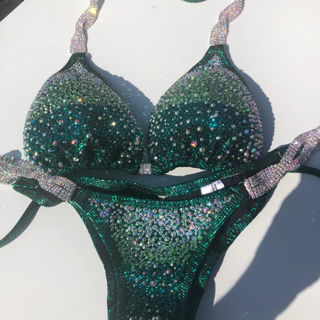 Hunter Green Crush Bikini Competition Suit - High-Quality Women's Fitness Swimwear for Bodybuilding & Pageant Shows