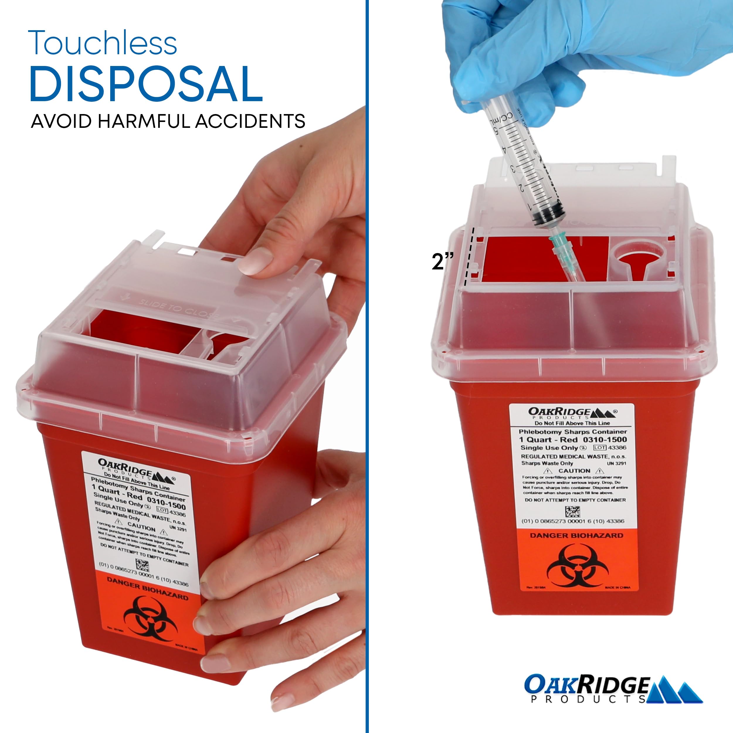 Oakridge 1 Quart Sharps Container - CDC Certified Biohazard Needle & Syringe Disposal for Home, Travel & Medical Use | Portable Safety Solution for Diabetics, Tattoo Artists & Healthcare Professionals