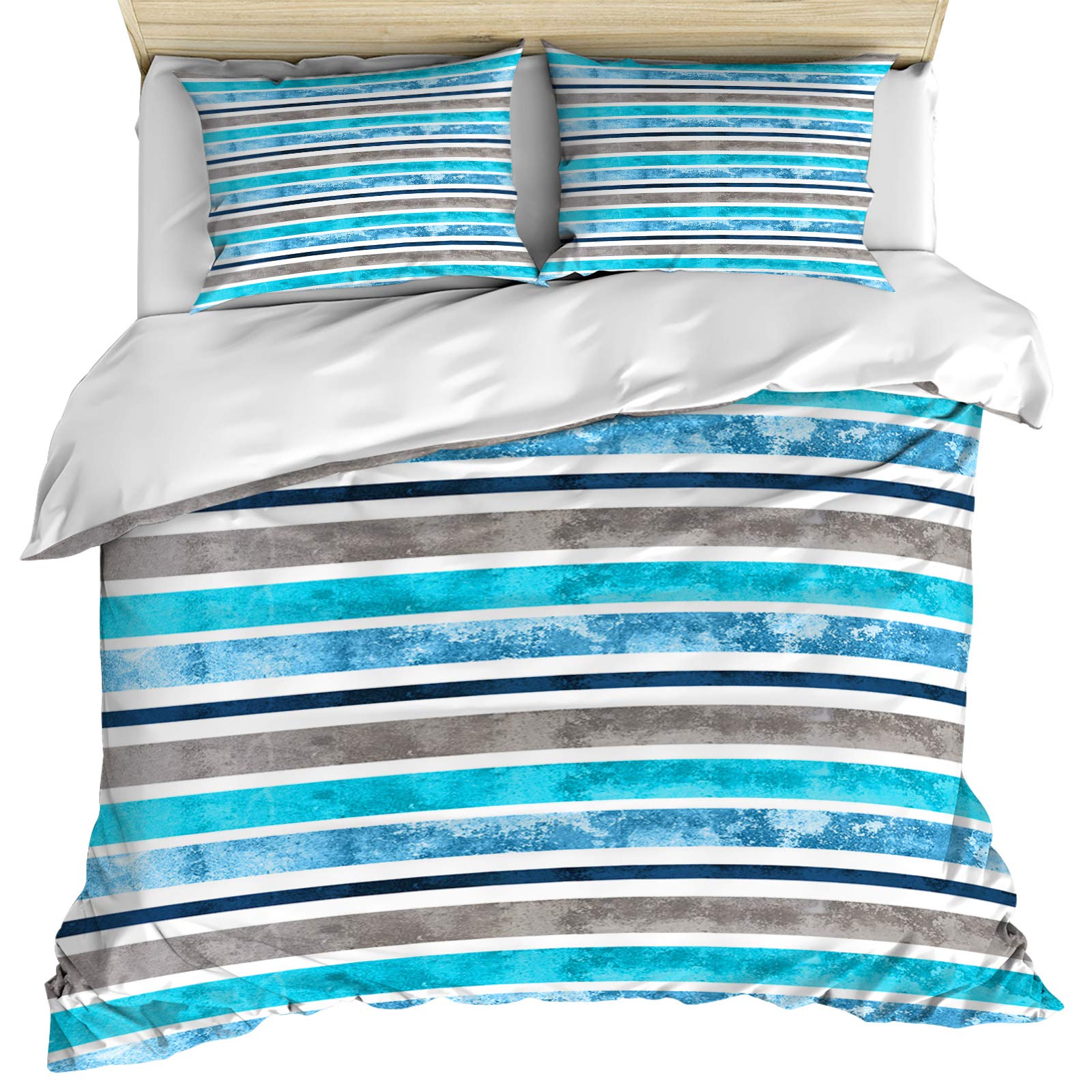 Crystal Emotion 3-Piece Bedding Set - Full Size Ombre Stripes Turquoise Teal Duvet Cover & Pillow Shams | Ultra Soft Breathable Microfiber All-Season Watercolor Design for Cozy Bedroom Decor