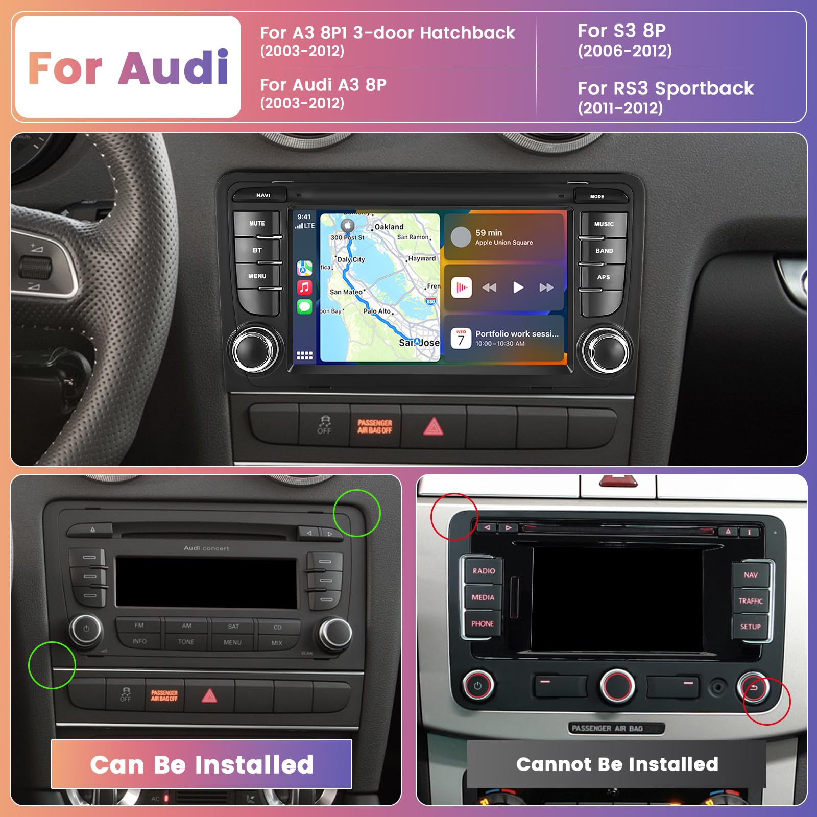 Android Car Stereo for Audi A3 S3 RS3 - 7 Inch Touchscreen Radio with 2+64GB, Wireless CarPlay & Android Auto, GPS Navigation, WiFi, Bluetooth, FM, EQ, Backup Camera - Perfect for Commuting & Road Trips