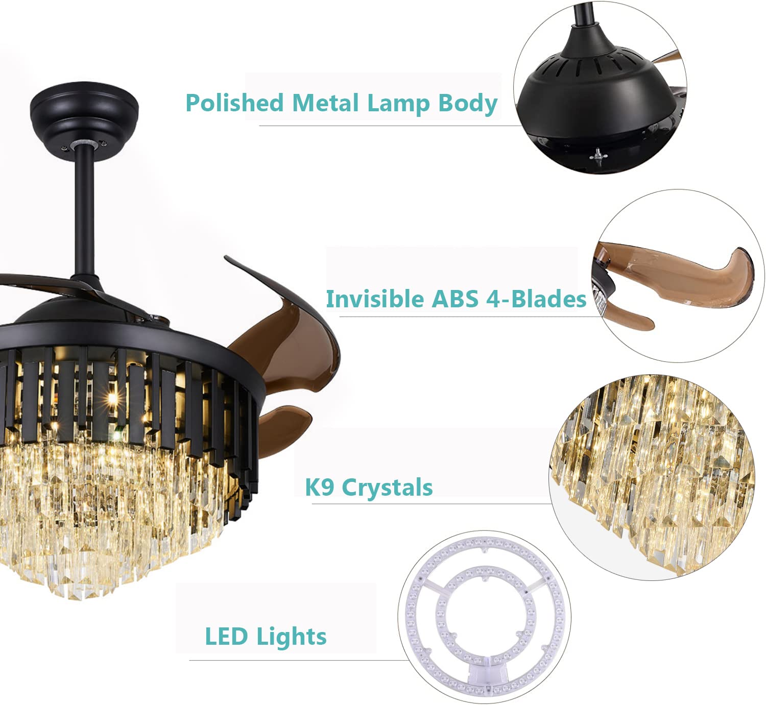 **Retractable Black Ceiling Fan with Lights & Remote Control - 3-Speed Quiet Fandelier for Bedroom, Living Room, Dining Room - Modern Chandelier Fan for Home & Office**