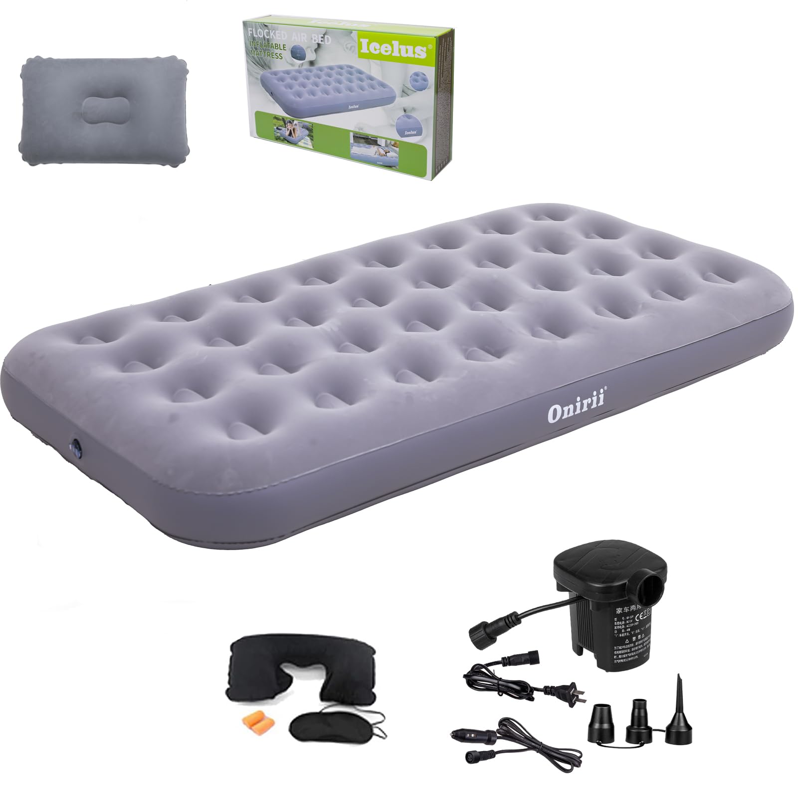 Twin Size Inflatable Air Mattress with Built-in Pump - Thickened Portable Blow Up Bed for Camping, Home Guest & Travel - Perfect for Tent Camping, Truck Beds, Hiking & Emergency Sleeping (Grey)