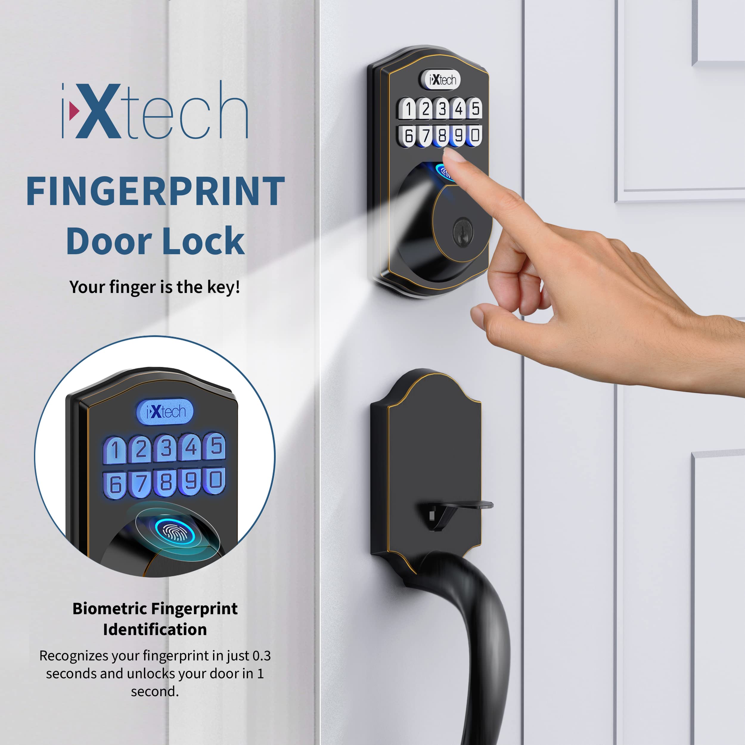 IXTECH Smart Fingerprint Door Lock Set - Keyless Entry Deadbolt with Handle, Auto Lock, Keypad & 2 Keys - Oil Bronze Finish for Home Front Door Security (Perfect for Apartments, Offices & Vacation Homes)