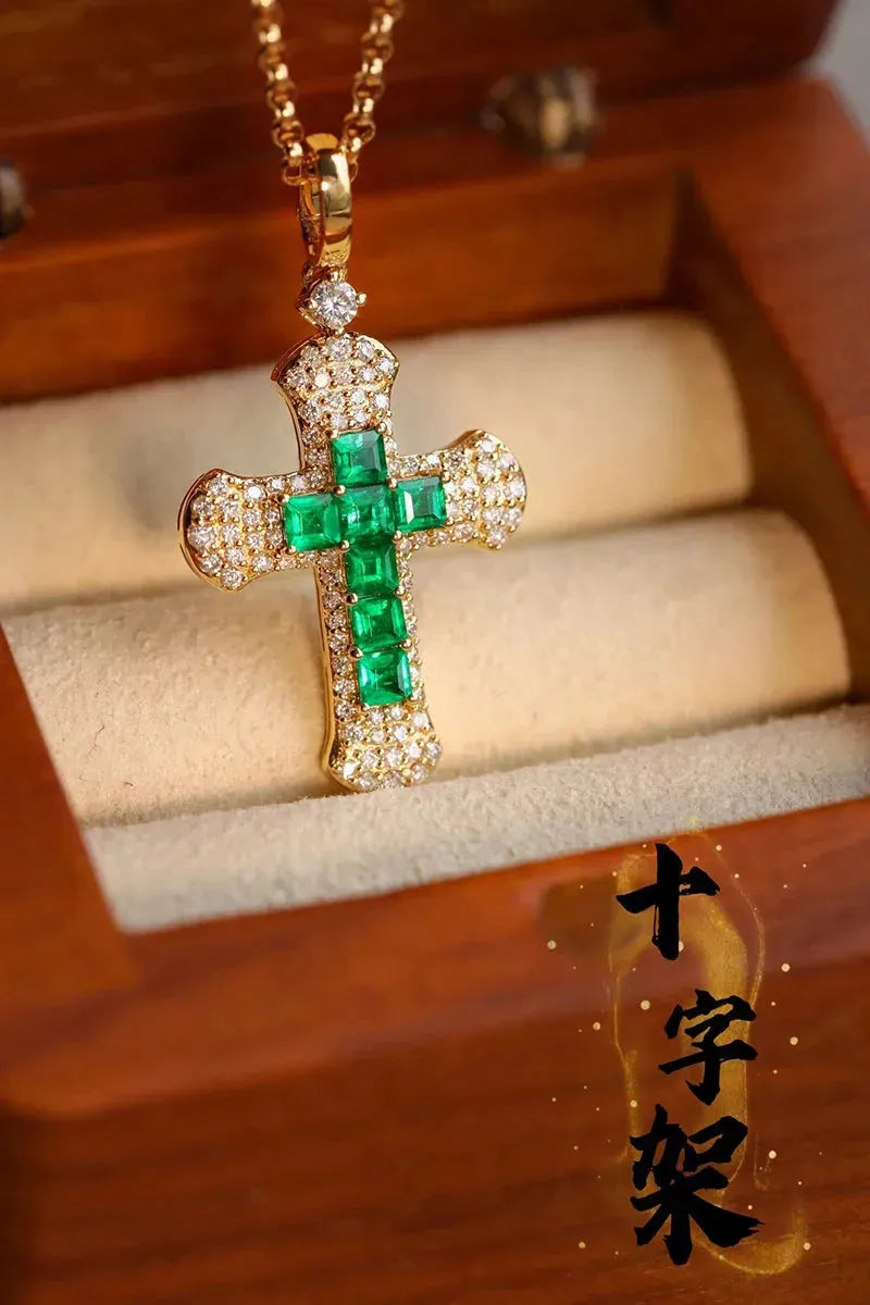18K Yellow Gold Vintage Cross Pendant Necklace with Real Natural Emerald & Diamonds for Women | Luxury Wedding Jewelry, Anniversary Gift, Bridal Party Accessory