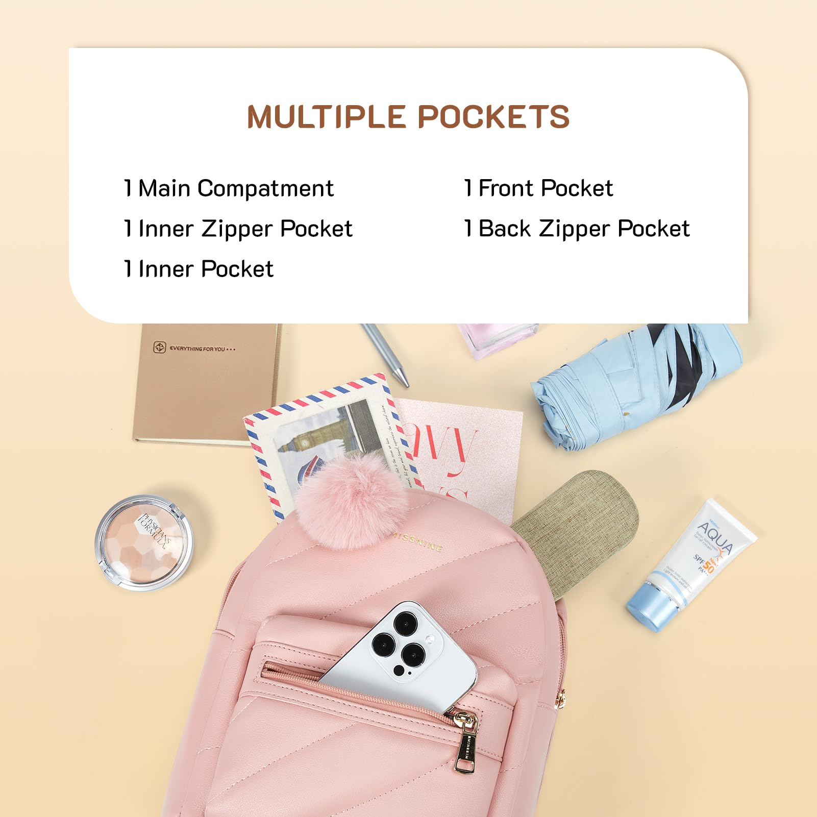 Missnine Mini Backpack for Women - Small PU Leather Quilted Backpack Purse with Cute Pompom, Fashionable Bookbag for Ladies | Perfect for School, Travel, Shopping & Daily Use