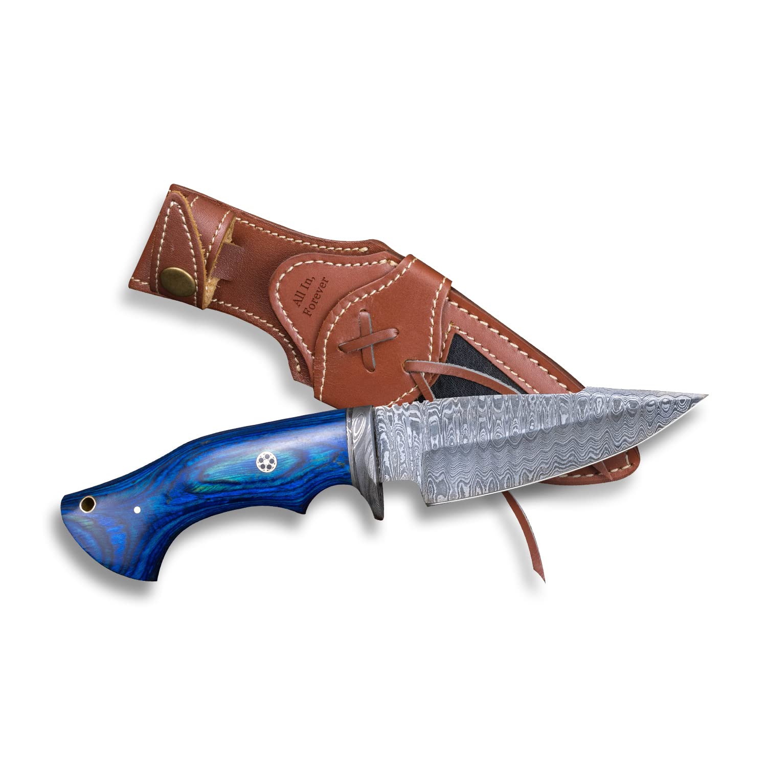 Premium Damascus Steel Hunting Knife with Sheath - Personalized Handmade Survival Knife for Men, EDC Bushcraft, Camping & Outdoor Activities (Blue Pakka Wood Handle) - Perfect Gift for Hunters & Adventurers