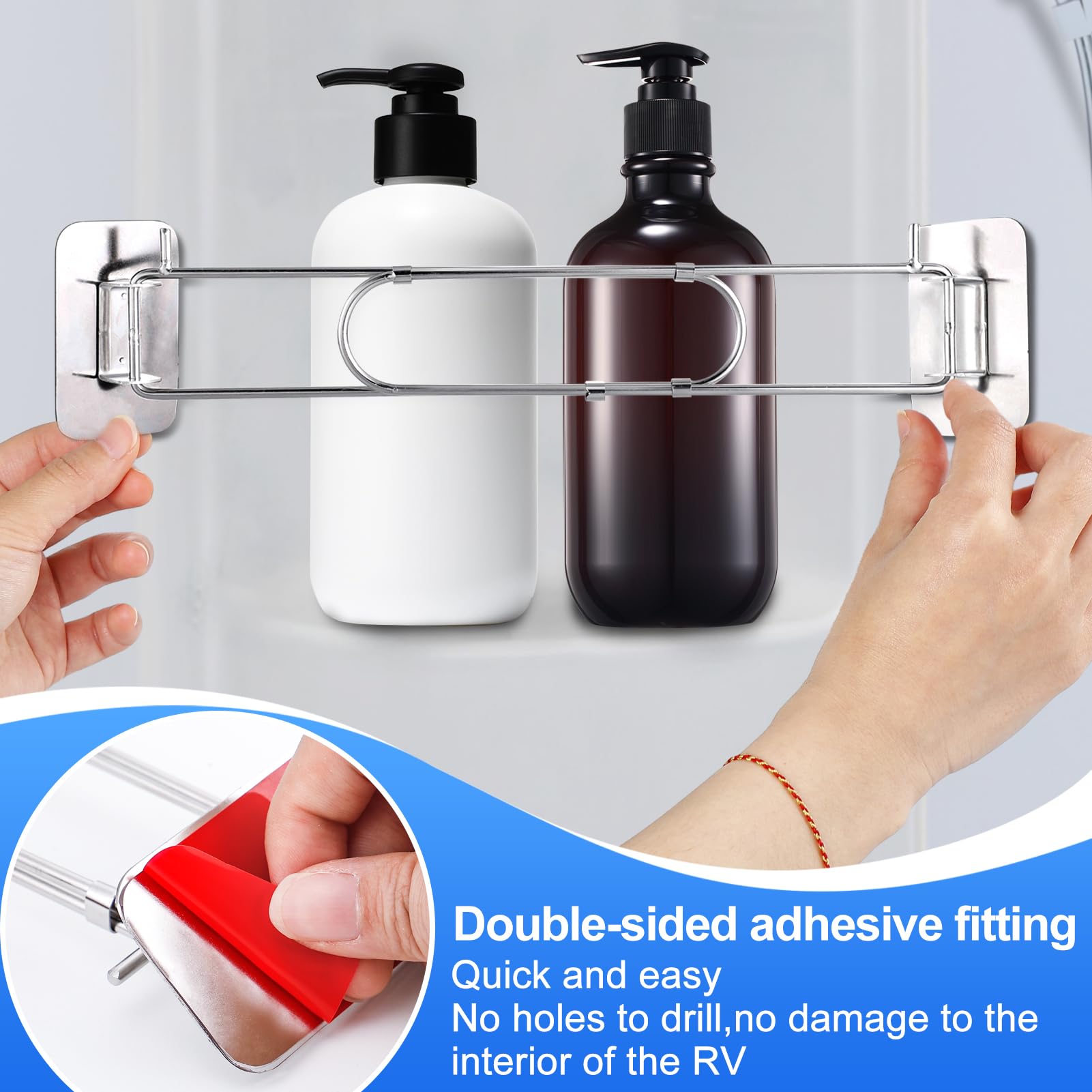 2 Pack Adjustable Rust-Proof Stainless Steel RV Shower Corner Storage Bars (7.9-13.4 Inch) - Bathroom Shelves Organization Rod for Camper & Travel Trailer - Perfect for Small Space Bathroom Storage in RVs, Trailers and Tiny Homes