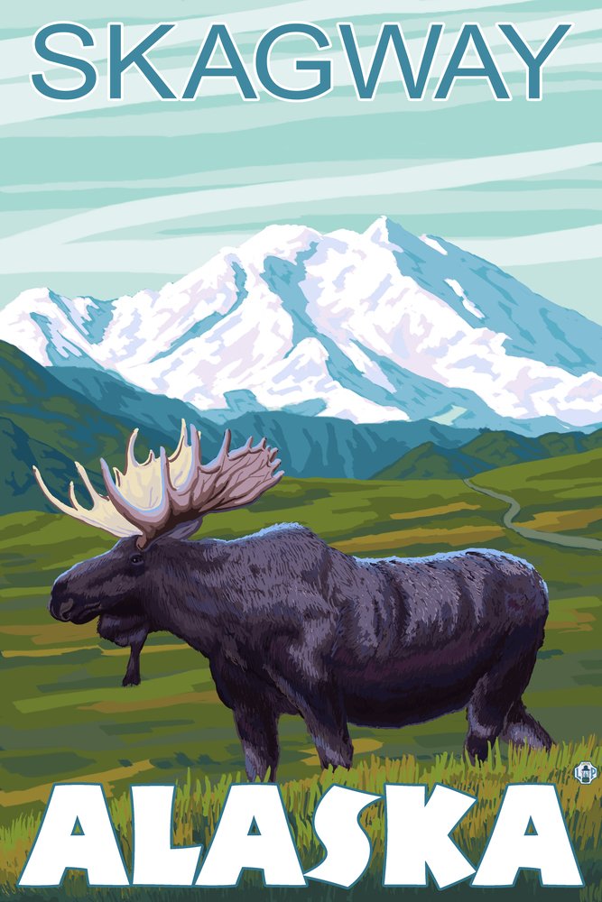 Lantern Press Moose Scene Wall Art Poster - Skagway Alaska Landscape Print (12x18 Inches) - Perfect for Living Room, Bedroom & Office Decor