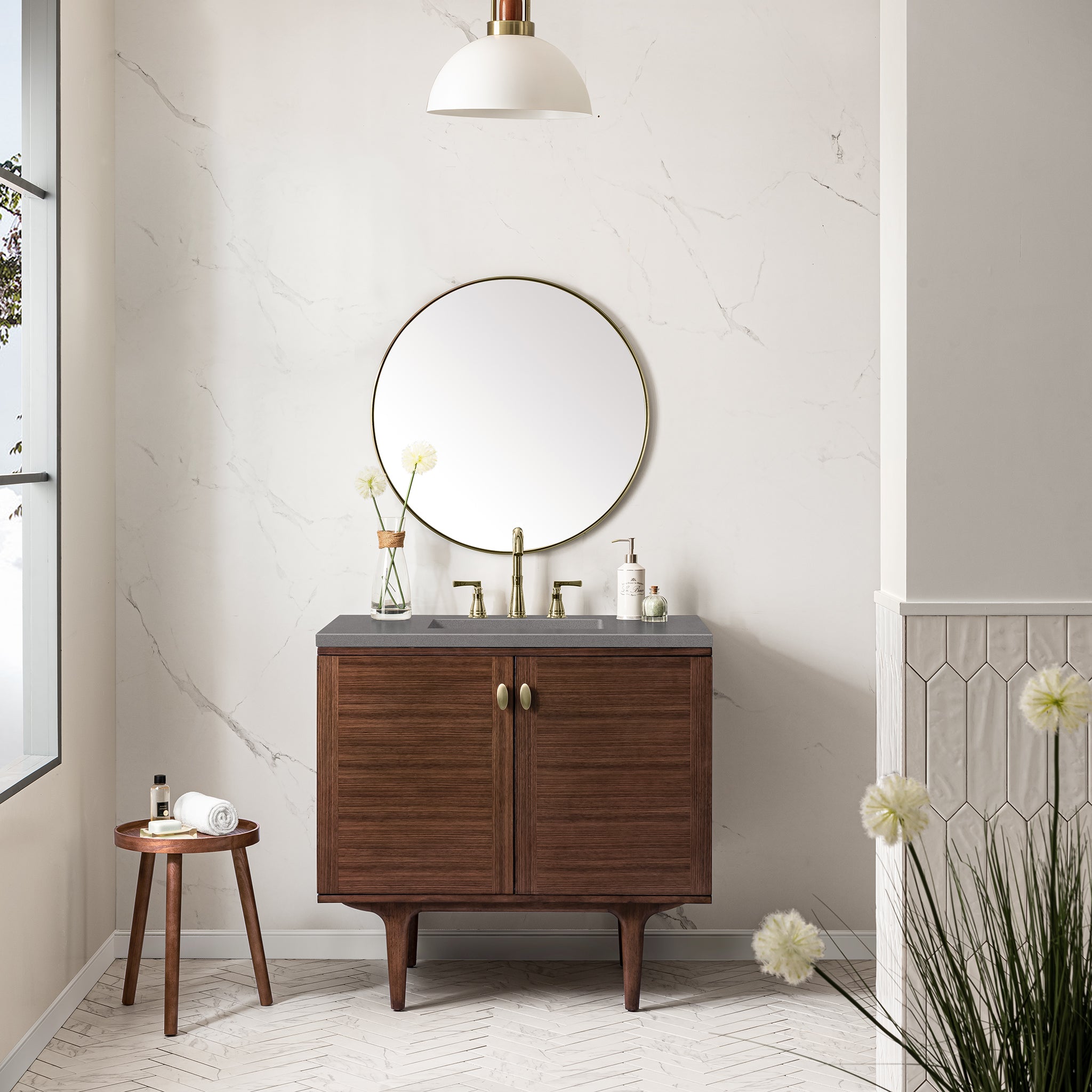 Amberly 36 Inch Single Bathroom Vanity - Mid Century Modern Walnut Wood with 3CM Gray Expo Top for Small Bathroom & Powder Room Remodel