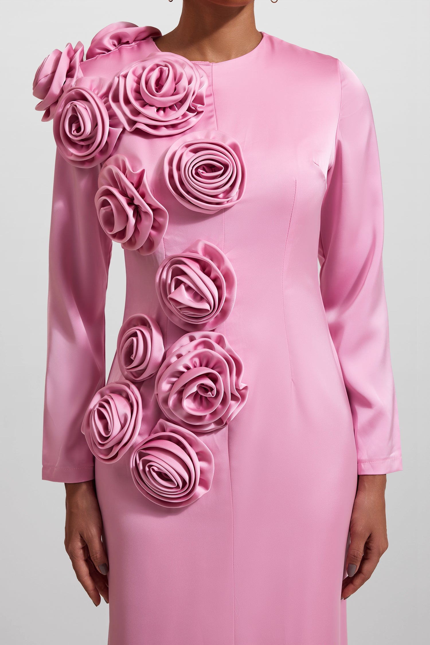 Elegant 3D Floral Print Satin Long Sleeve Midi Dress for Women - Perfect for Weddings, Parties & Special Occasions