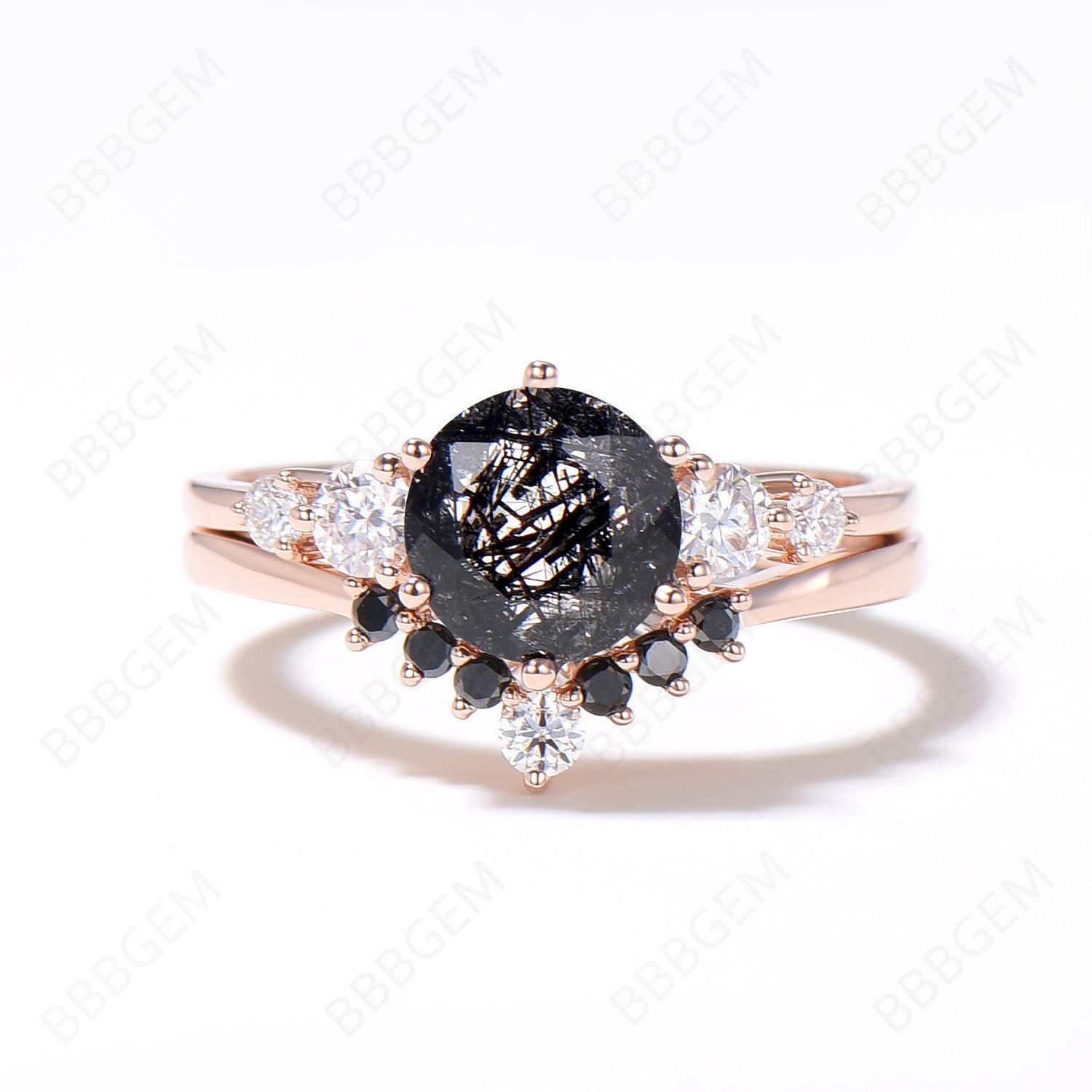 Vintage 5-Stone Round Cut Natural Black Rutilated Quartz & Moissanite Engagement Ring Set in 14k Rose Gold with Black Diamonds – Perfect for Bridal, Wedding, and Anniversary Gifts