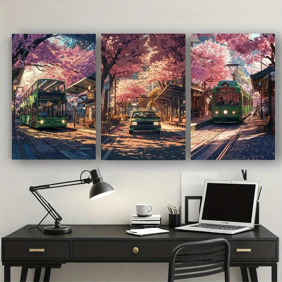 3-Piece Abstract City Sakura Street View Metal Wall Art - Ready to Hang Modern Home Decor for Living Room, Bedroom & Office