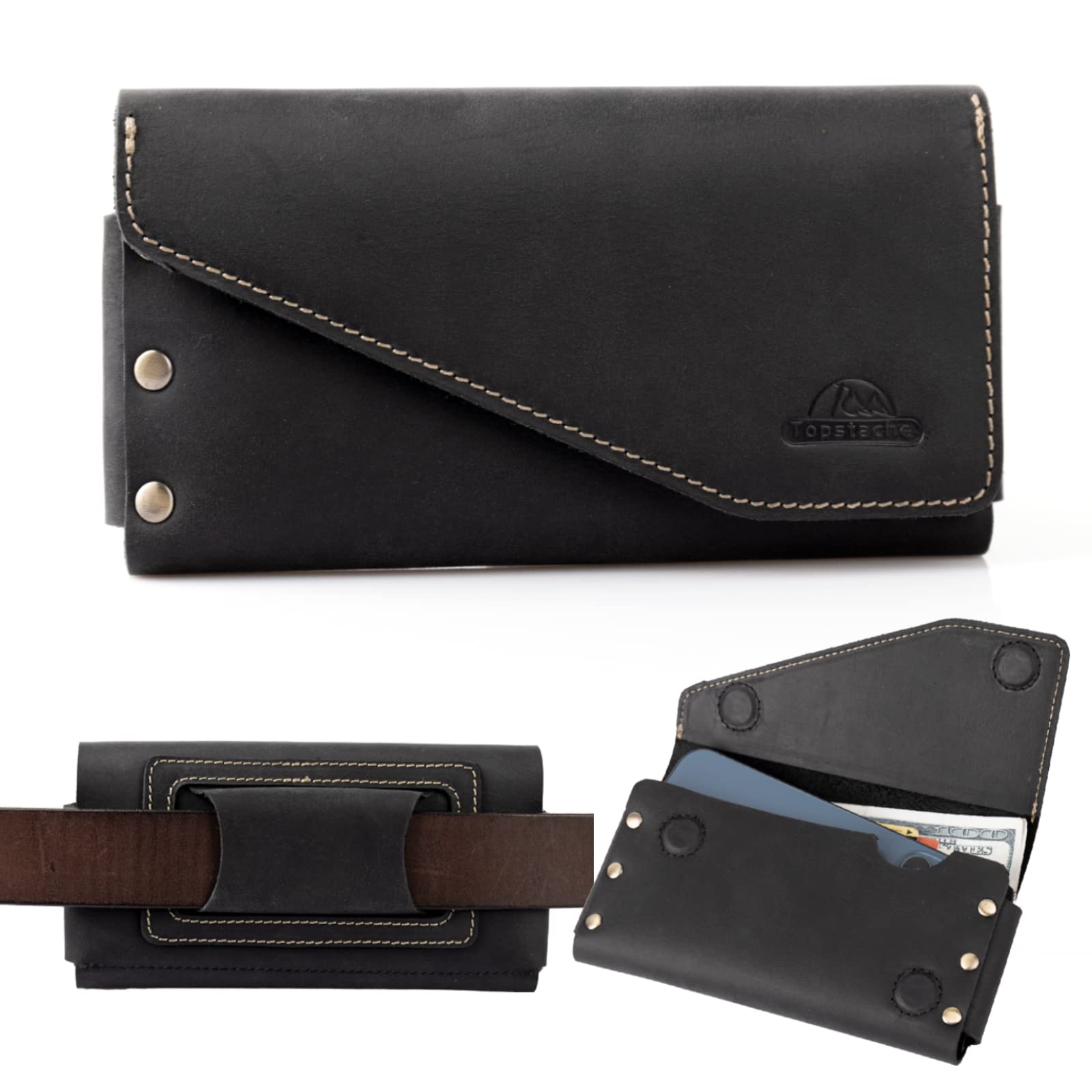 Premium Leather Phone Holster with Belt Loop & Magnetic Closure - Handmade Leather Phone Pouch Wallet for iPhone 14 Pro Max (Fits with Otterbox Case) - XL Size in Black | Perfect for Outdoor Activities, Work & Travel Accessories
