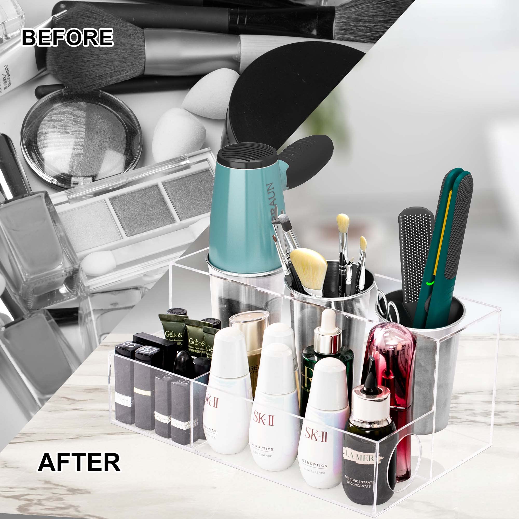 AKTOP Clear Acrylic Hair Tool Organizer - Blow Dryer Holder & Styling Tools Storage for Hair Dryer, Flat Iron, Curling Iron - Bathroom Vanity Countertop Organizer for Hot Tools (Perfect for Small Spaces & Salon-Style Organization)