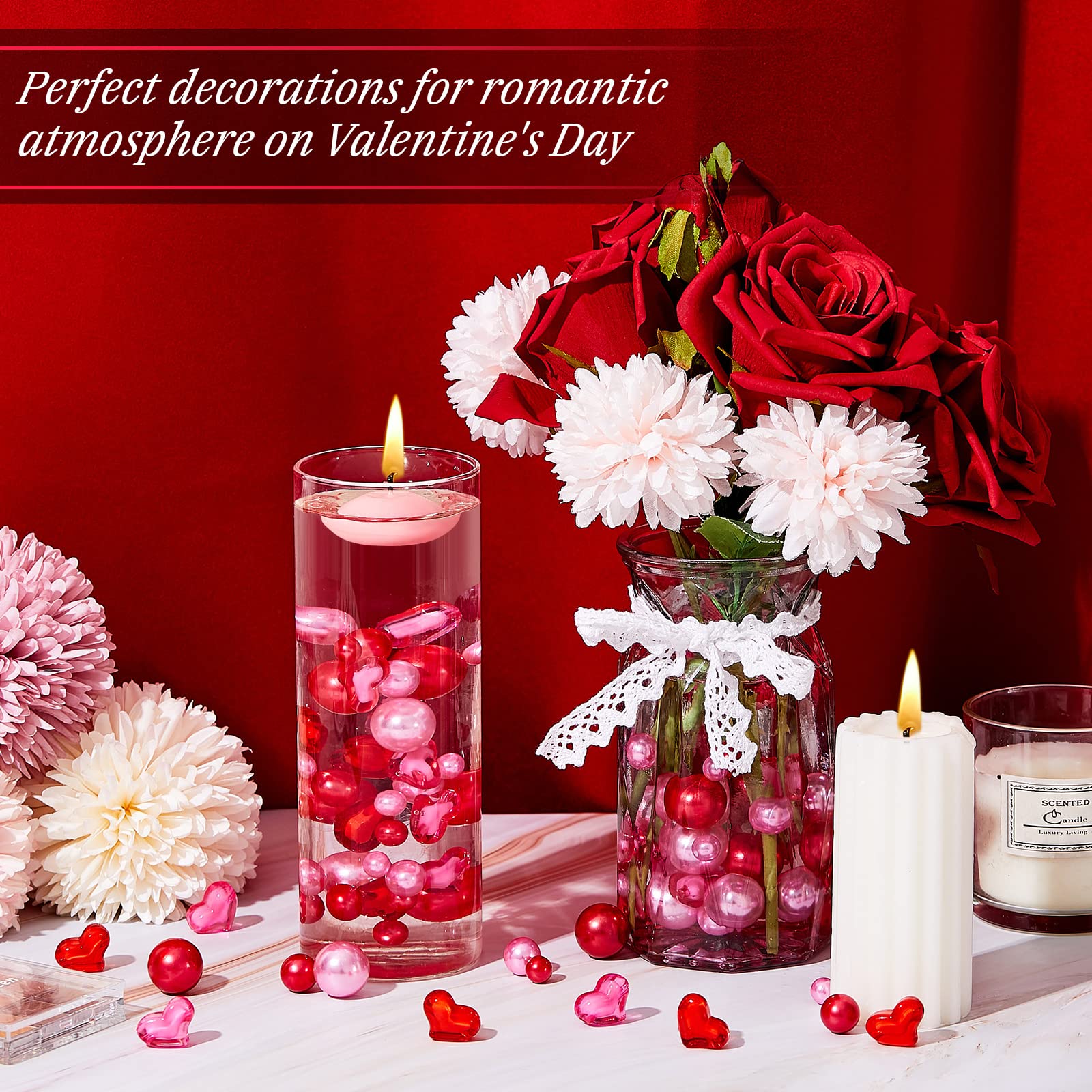 MTLEE 2116 Red Love Pearls Vase Fillers with 10 Floating Candles for Romantic Table Decor