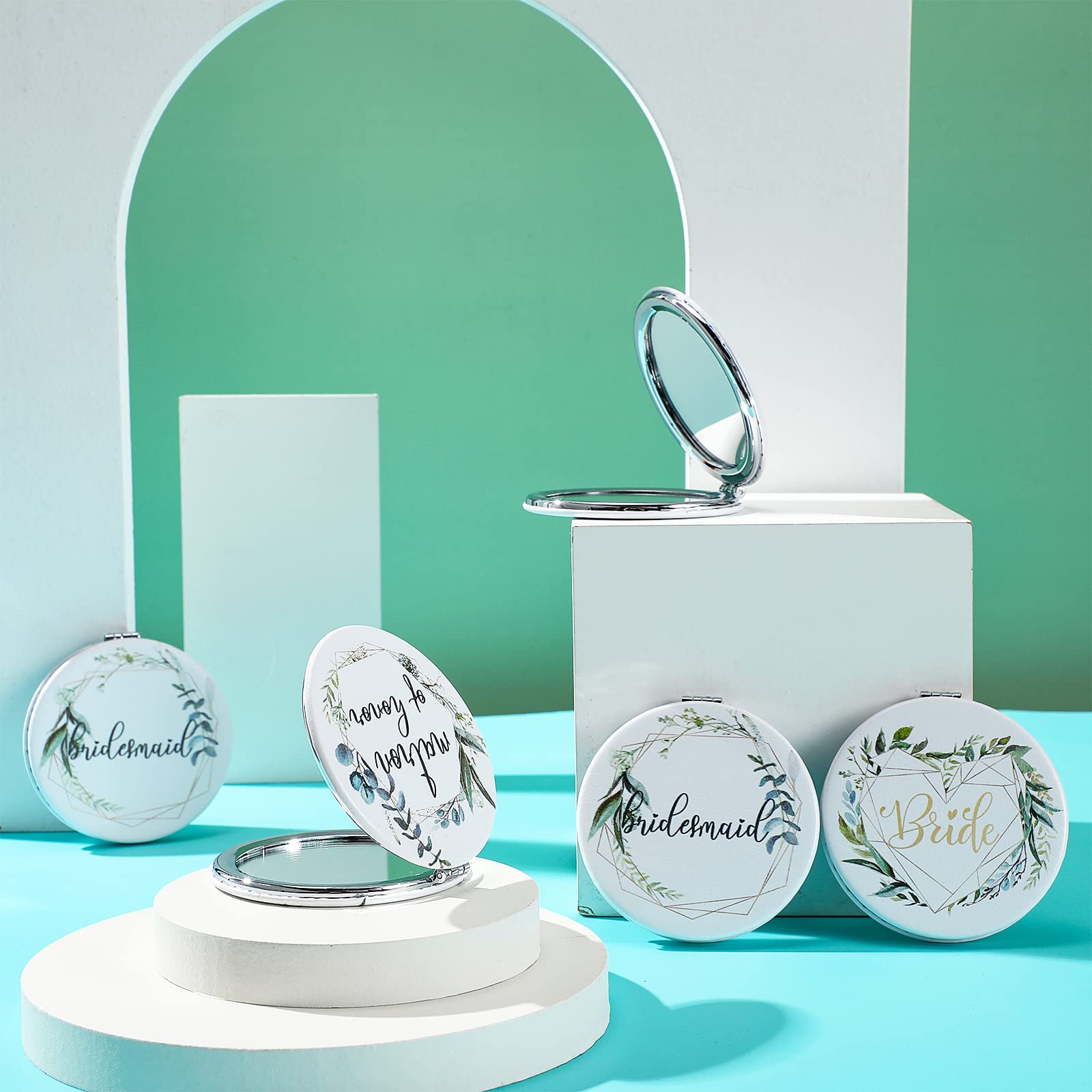 8 Pack Bridesmaid Proposal Gifts - Floral Round PU Leather Compact Makeup Mirrors for Women, Perfect for Bridal Shower, Wedding & Maid of Honor Gifts (Great for Travel & Touch-Ups)