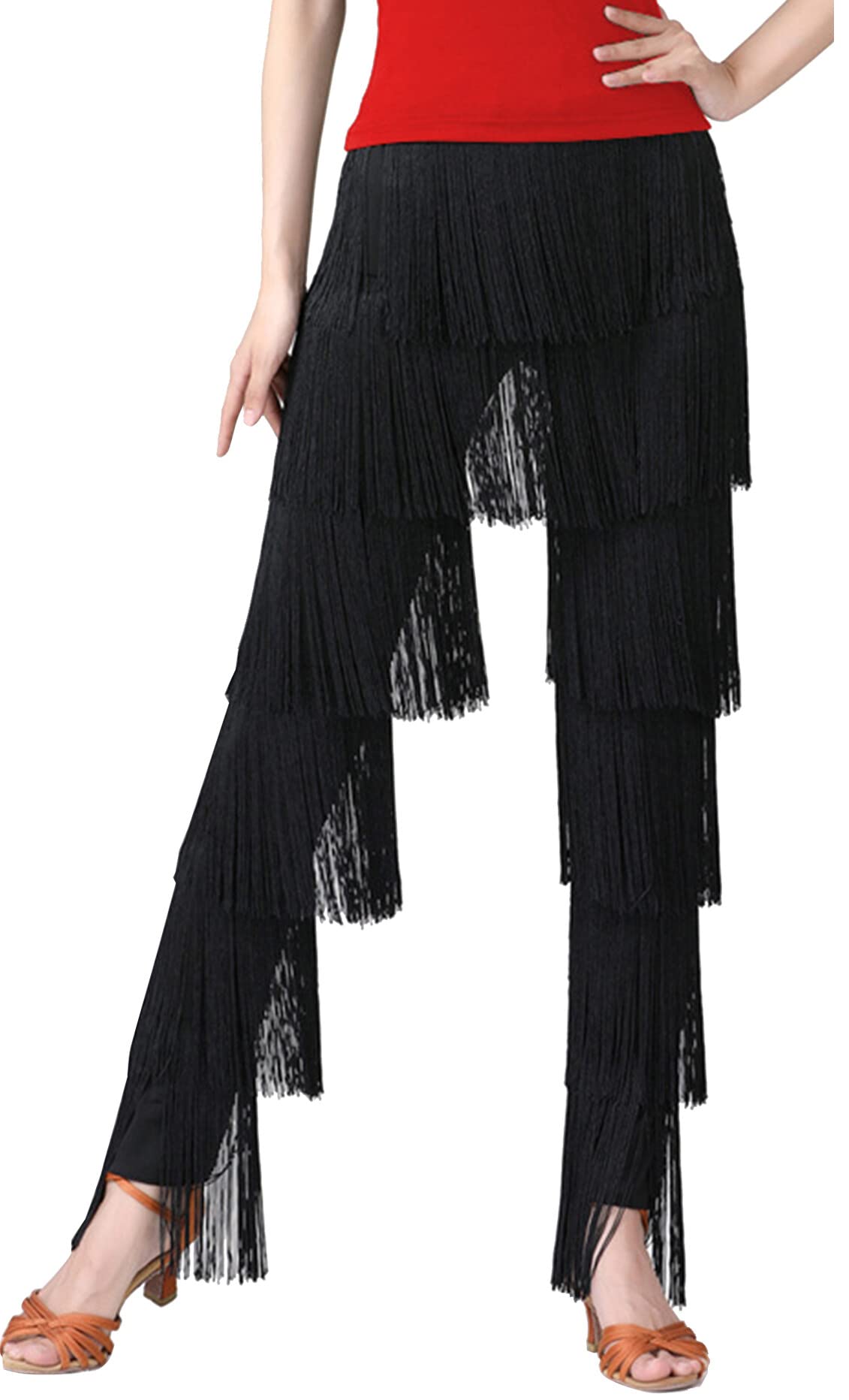 FEOYA Women's Latin Dance Pants with Fringe Tassels - Ballroom, Rumba, Tango & Salsa Practice Wear - Perfect for Dance Classes, Performances & Costume Parties