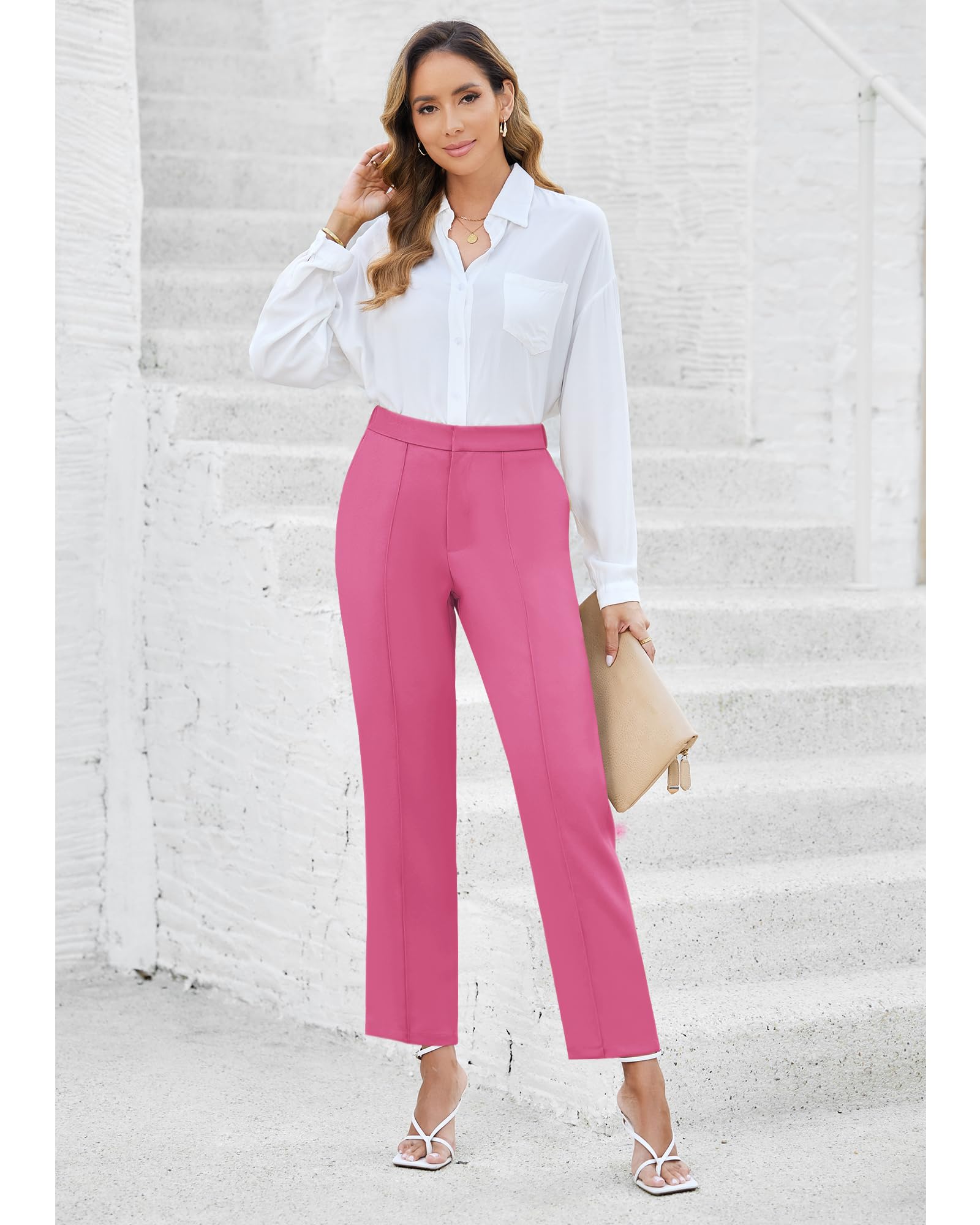 GRAPENT Women's High Waisted Work Pants - Professional Dressy Casual Straight Leg Trousers with Elastic Waist & Cropped Ankle Length for Office, Business, and Everyday Wear