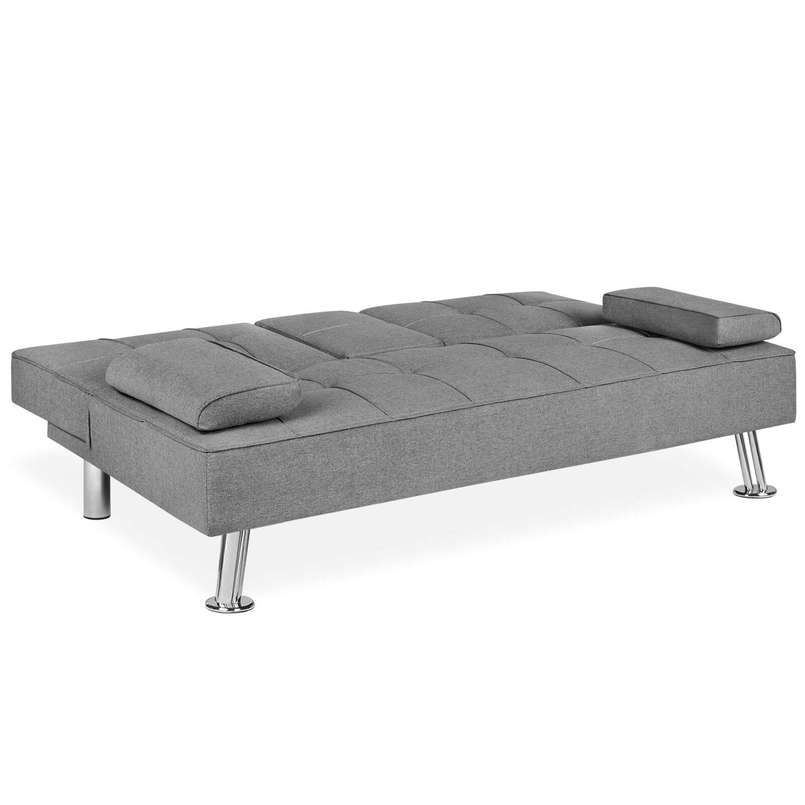 Grey Linen Convertible Futon Sofa Bed with Cup Holder - Recliner Lounger Sleeper for Living Room, Bedroom & Small Spaces | Space-Saving Modern Furniture for Apartments & Studios | Multi-Functional Home Décor for Relaxing & Hosting Guests