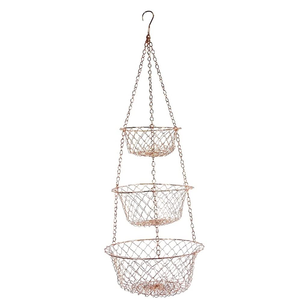3-Tier Hanging Fruit Basket - Copper Kitchen Storage Organizer for Fruits, Vegetables & Plants - Space Saving Multi-Purpose Holder for Home & Office Use