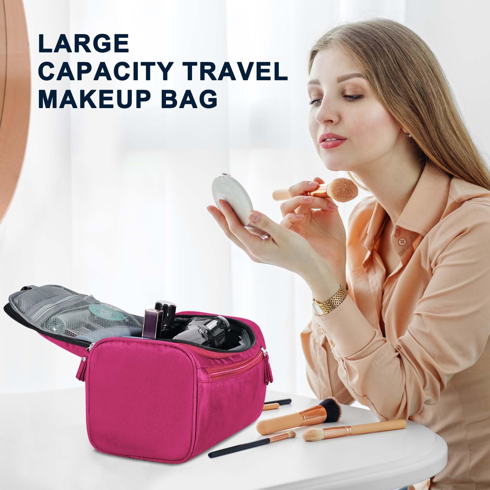 Hanging Toiletry Bag for Travel - Large Capacity Cosmetic Organizer with Hook for Women & Men | Perfect for Makeup, Brushes, Shaving Tools | Ideal for Camping, Gym, Business Trips (Red)