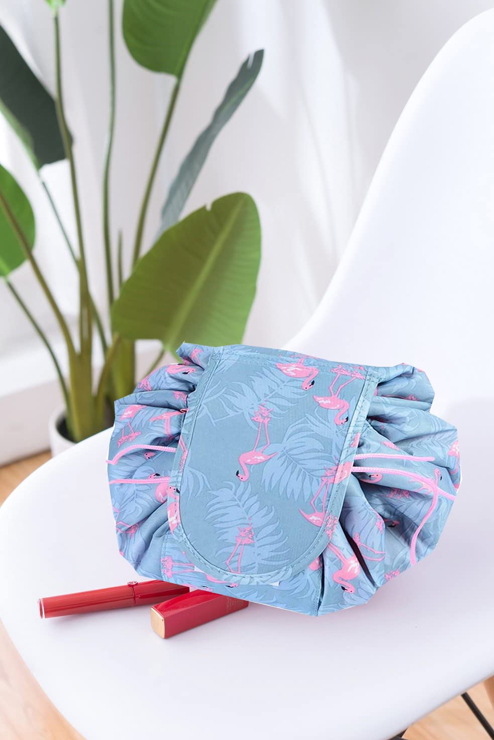 VALAMJI Large Waterproof Drawstring Cosmetic Bag - Travel Makeup Organizer & Toiletry Pouch with Lazy Design (Grey Flamingo) - Perfect for Gym, Beach Trips & Daily Essentials Storage