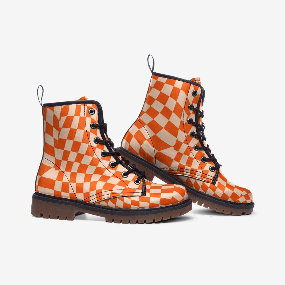 Stylish Faux Leather Lightweight Lace-Up Boots for Women - Retro Checkered Orange Design - Perfect for Casual Outfits, Fall Fashion & Everyday Wear