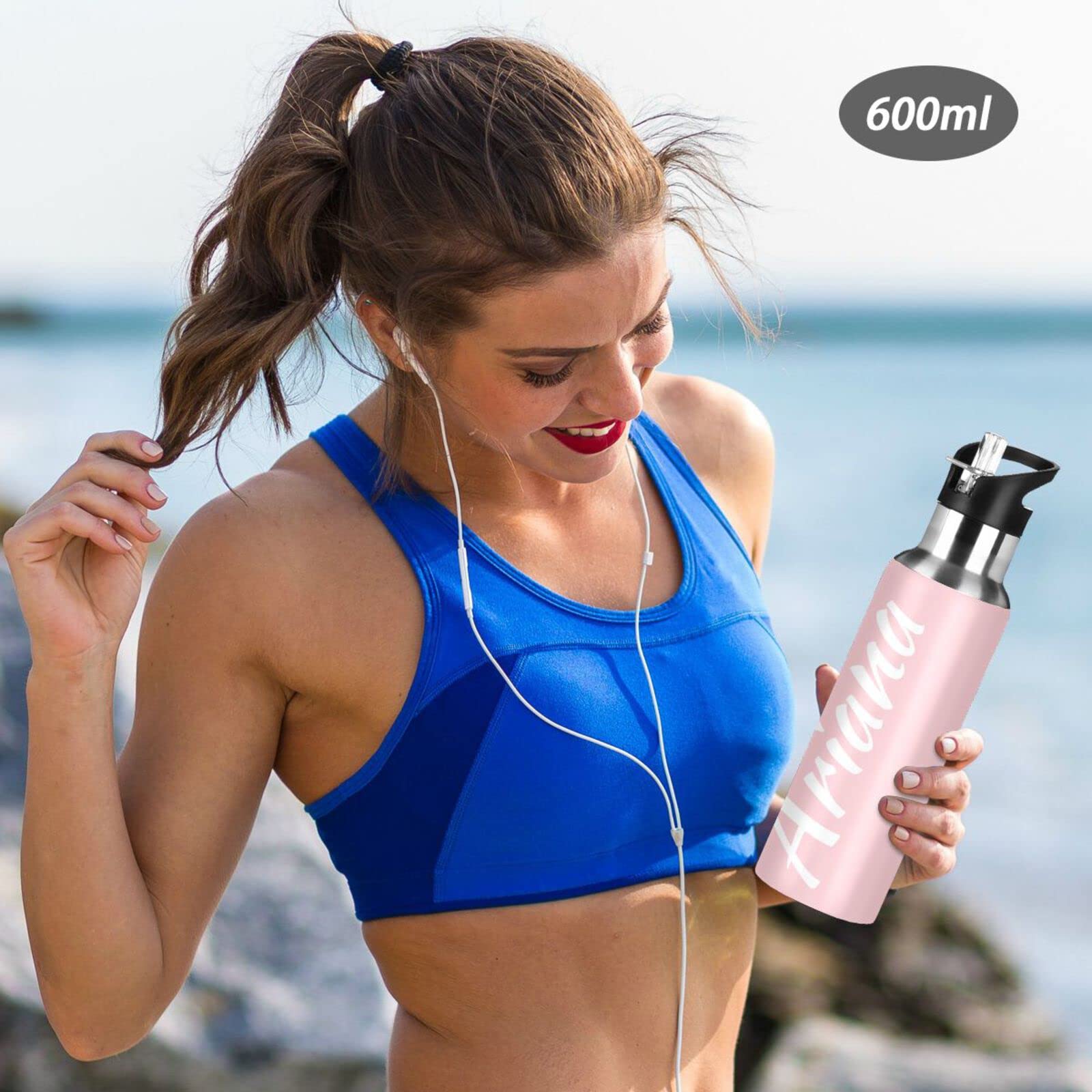 Custom Pink 20oz Insulated Stainless Steel Water Bottle with Straw Lid - Personalized Vacuum Sports Bottle for Hiking, Biking, Gym & Outdoor Activities | Leakproof & Sweatproof Design