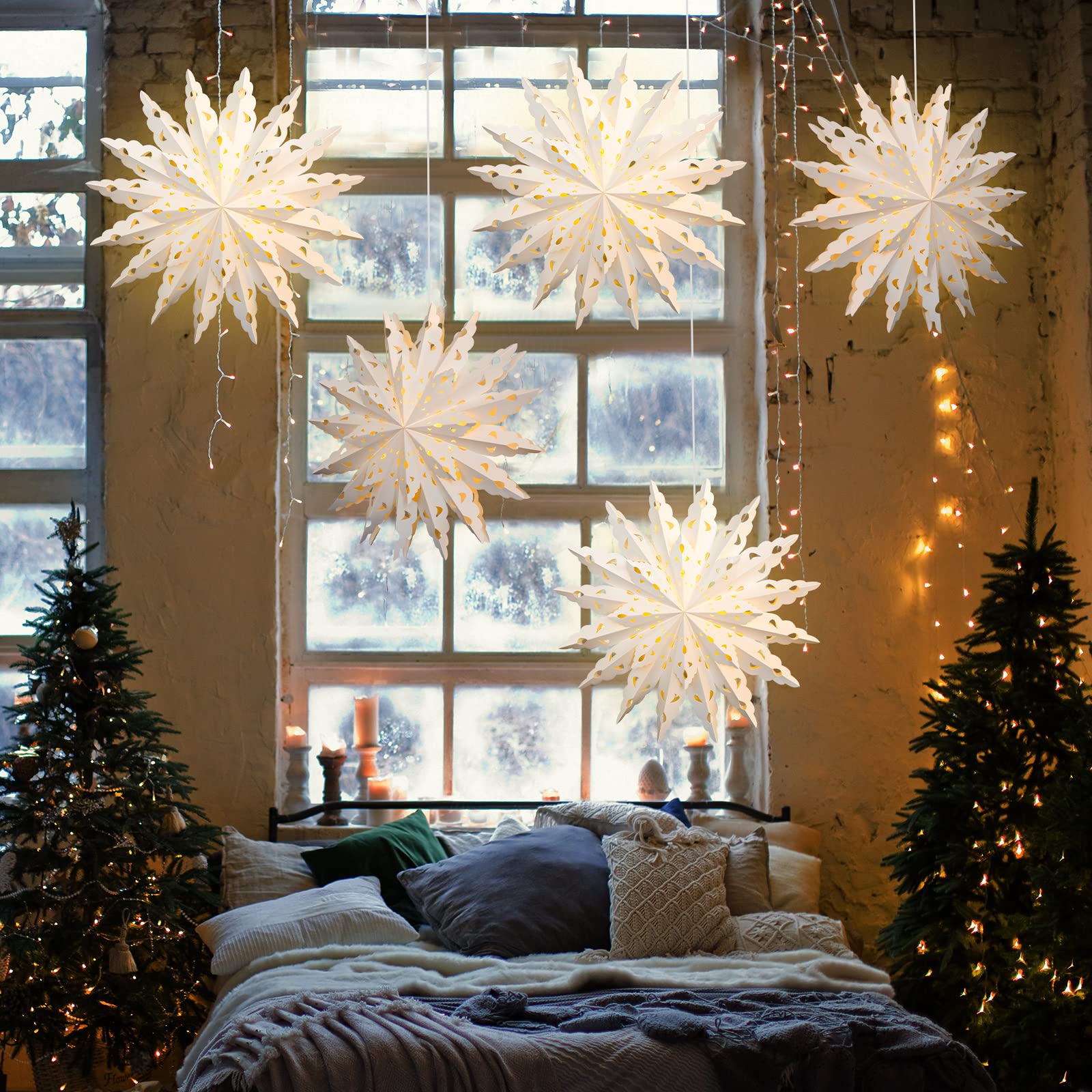 23.6 Inch Christmas Star Snowflake Paper Lantern with Timer - Battery Operated Hanging Decor for Holiday Party, Wedding, Birthday, Christmas Tree - Classic Style Home Celebration Decoration