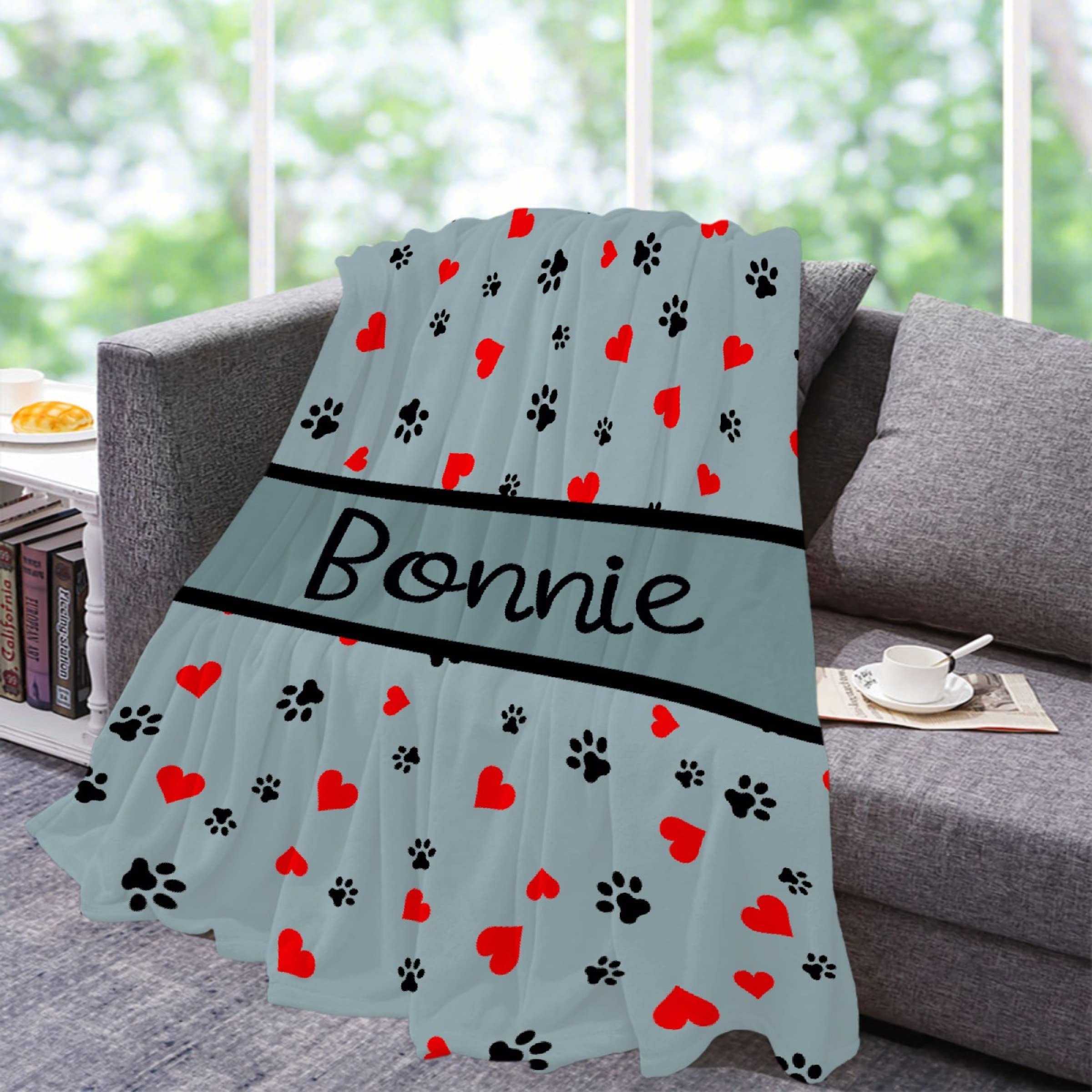 **Personalized Photo Throw Blanket - Custom Dog Blanket with Paws, Name & Heart - 30