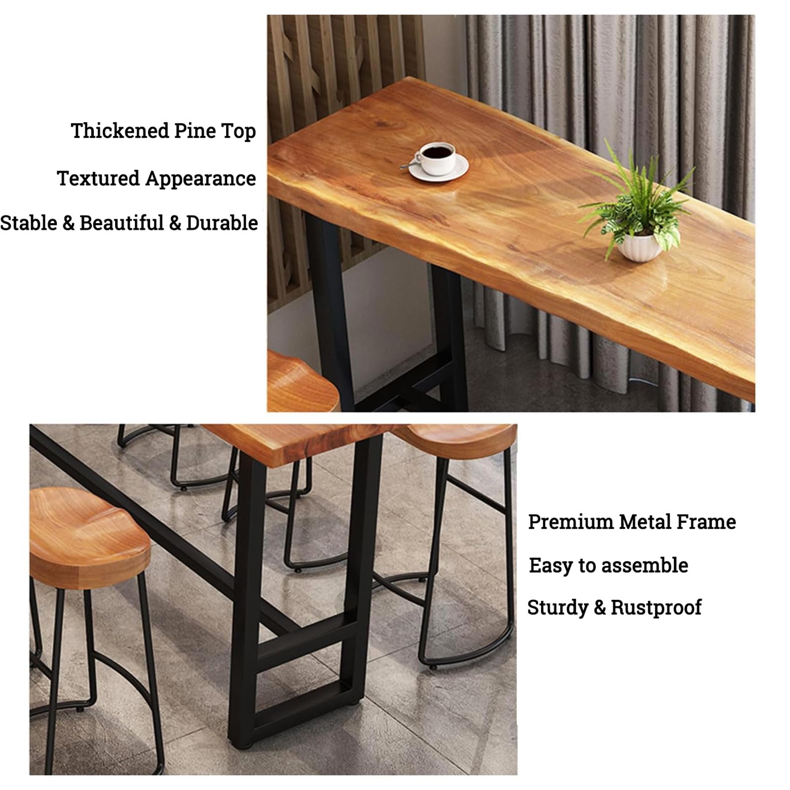 Solid Wood Bar Table - Modern Rectangular Pub Table with Footrest, Live Edge Counter Height Dining Table for Kitchen, Coffee & Bar Use - Perfect for Home, Restaurant & Outdoor Entertaining