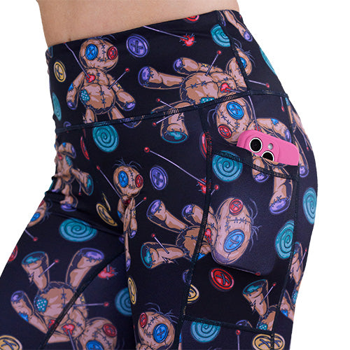 Voodoo Doll Print Leggings for Women - Stylish Black Yoga Pants for Workout, Halloween Costume & Gothic Fashion