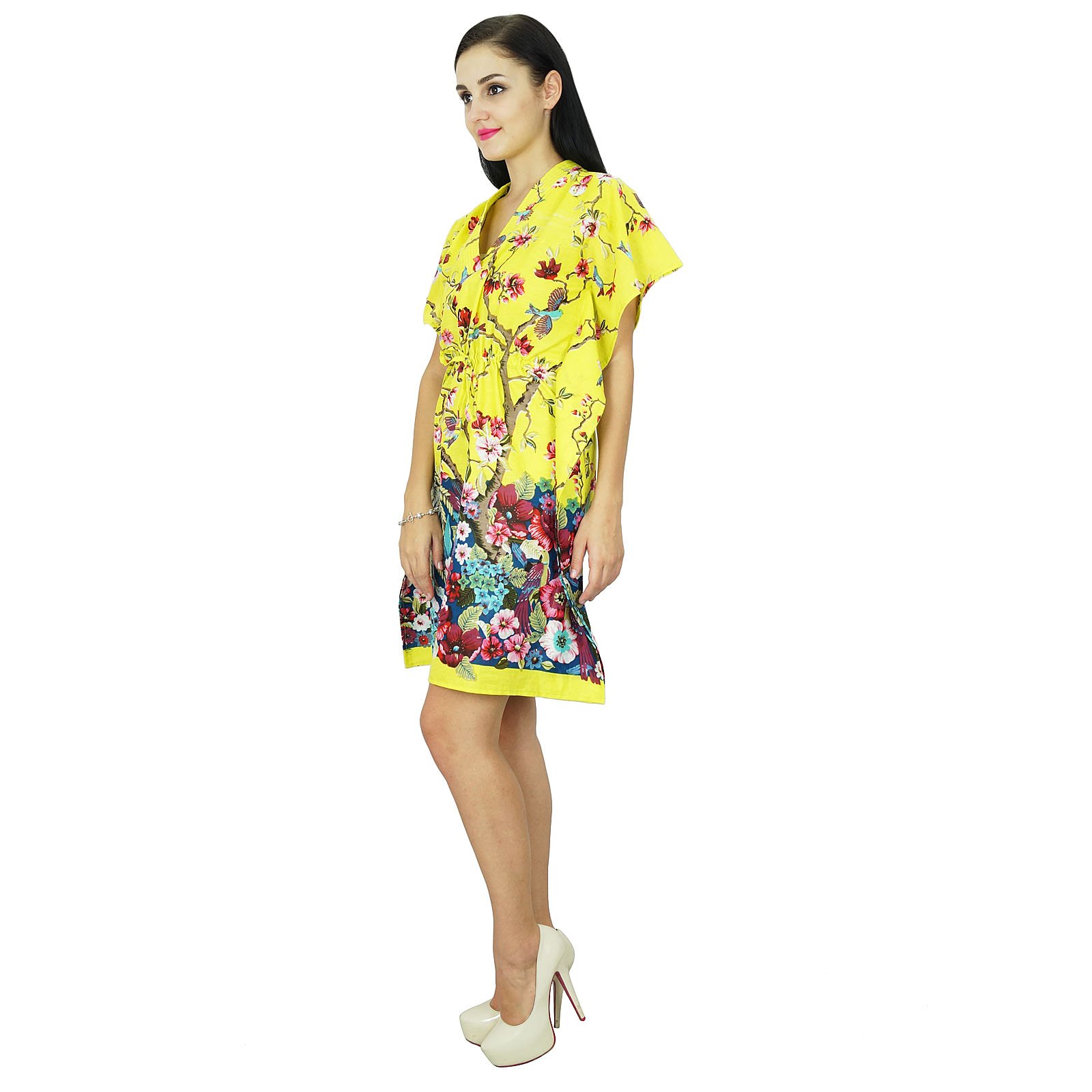 Bimba Women's Floral Kaftan Dress - Cotton Beach Cover Up Short Caftan for Summer Vacation, Pool Party & Boho Outfit
