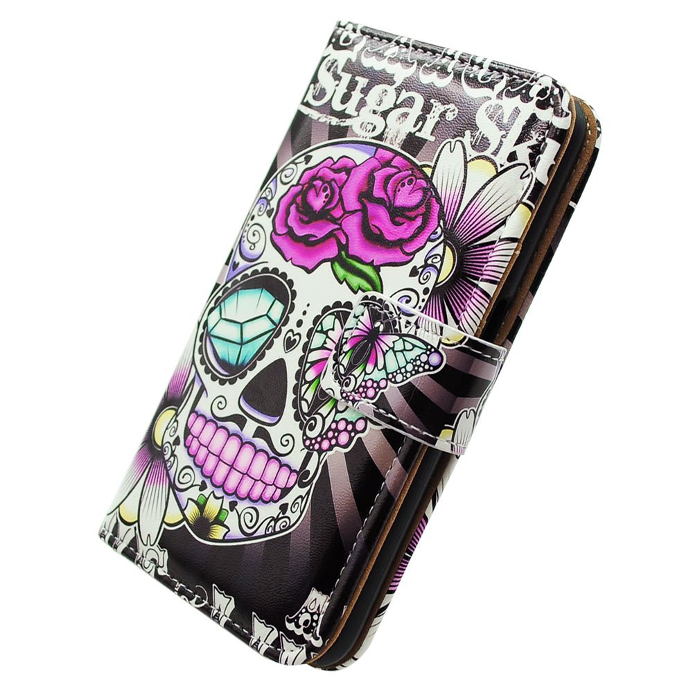 Premium Purple Flower Sugar Skull Leather Flip Wallet Case for iPhone 13 Pro Max - Card Slot Holder & Kickstand | Stylish Protective Cover for Everyday Use & Travel