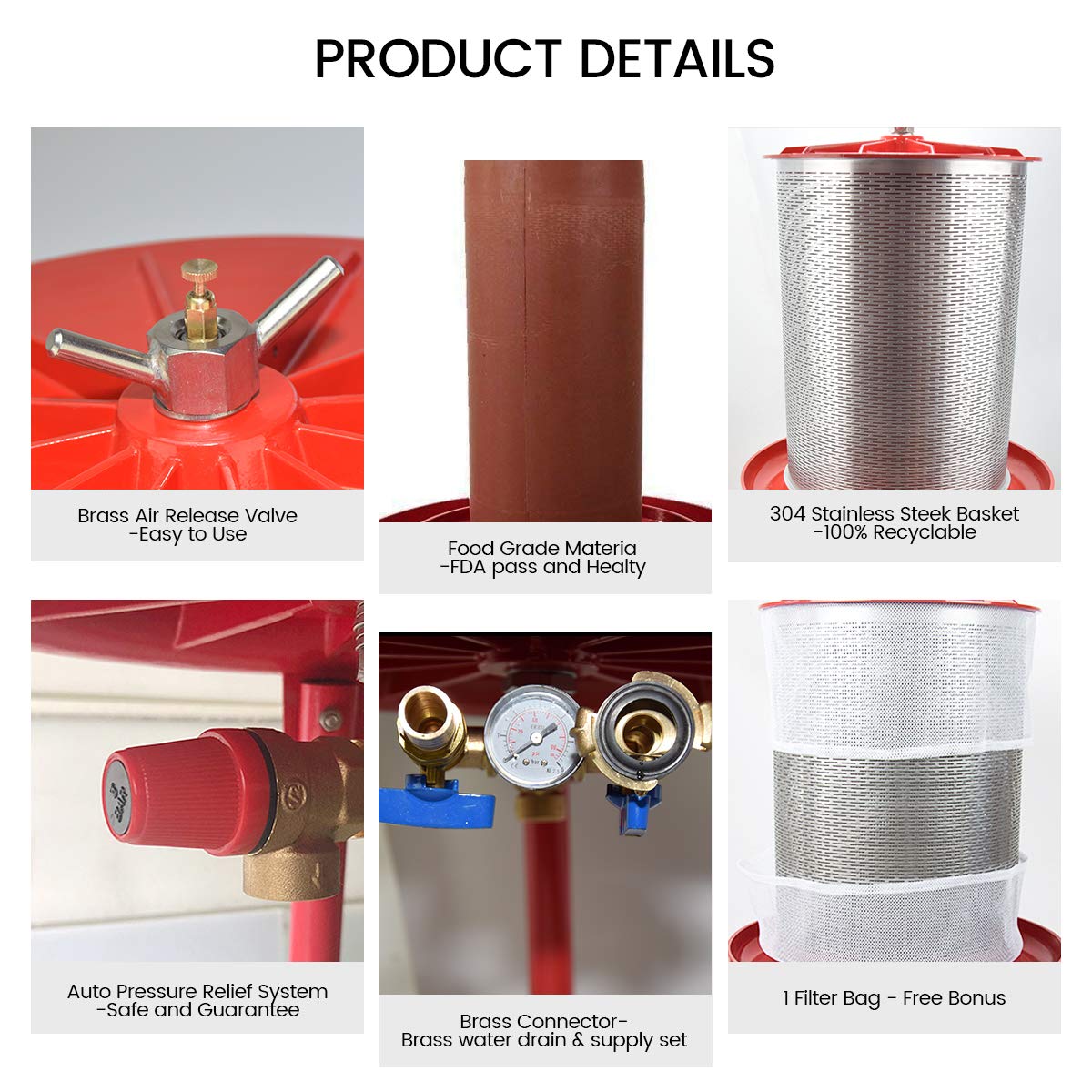 Electric-Free Hydraulic Fruit Wine Press - 5.3 Gallon Water-Powered Cider & Juice Maker with Filter Bag & Splash Guard for Apple, Grape, Berry Winemaking at Home