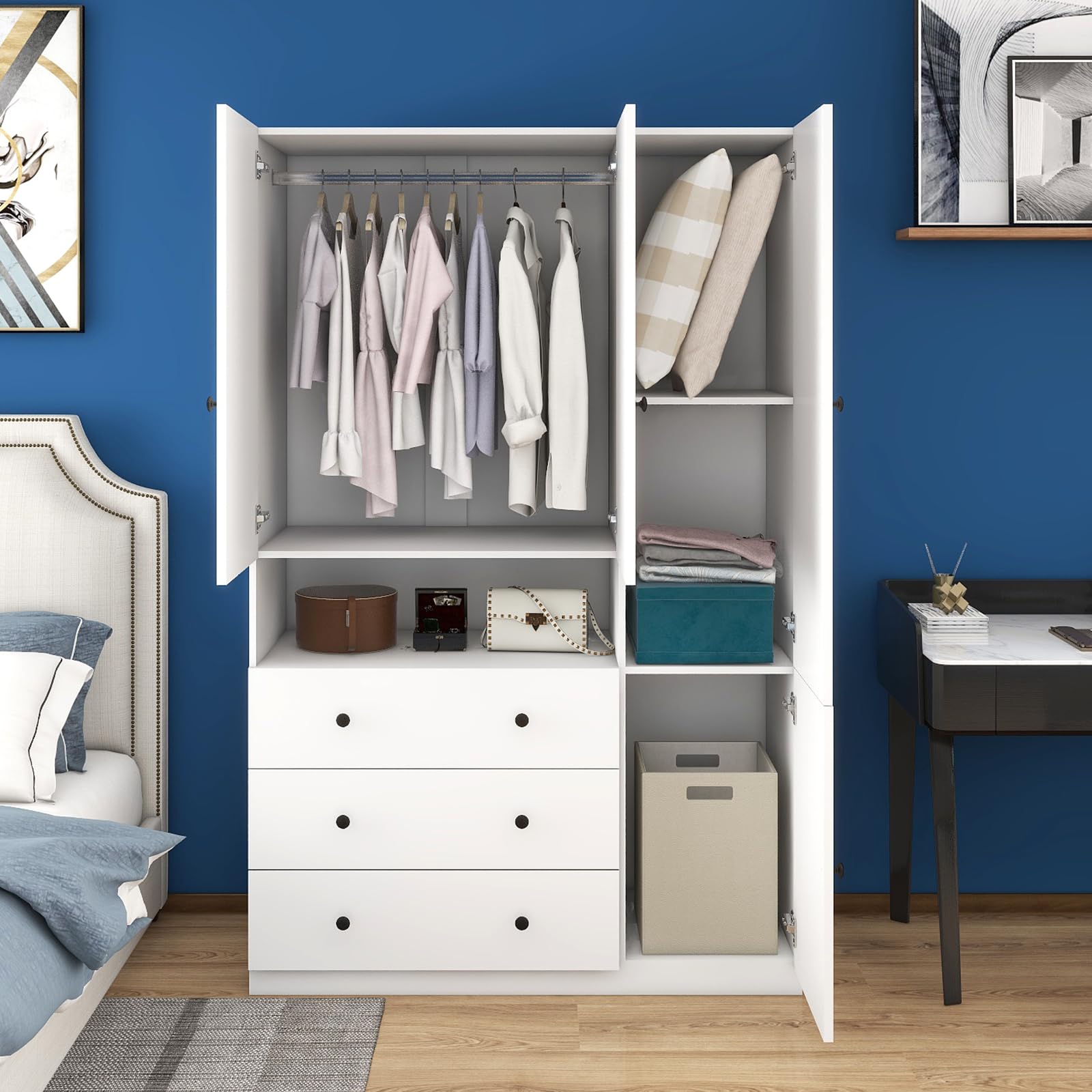 White Large Capacity Wooden Armoire Wardrobe with 3 Doors, 3 Drawers, Hanging Rods & Shelves - Tall Clothes Storage Cabinet for Bedroom, Closet Organization & Home Decor