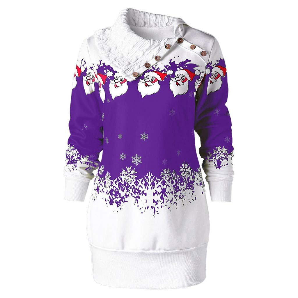LATINDAY Women's Plus Size Christmas Santa Claus Snowflake Print Tunic Sweater Dress with Buttons - Purple | Holiday Party, Office Wear, Casual Outfit, Festive Celebration
