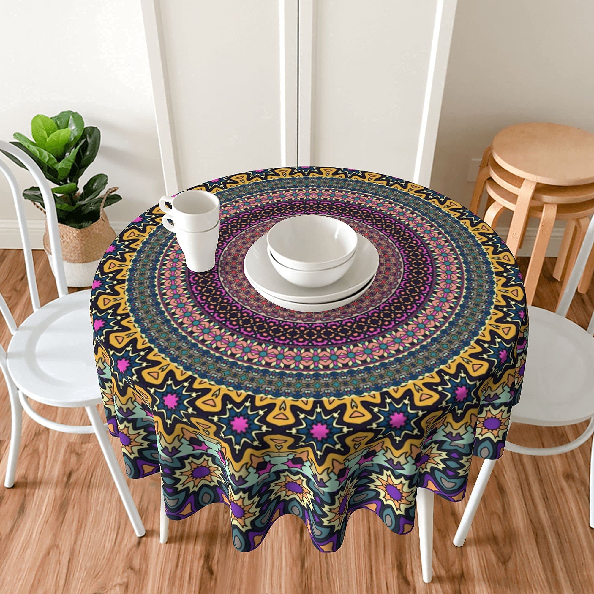 60 Inch Bohemian Round Tablecloth - Mandala Print Retro Boho Table Cover for Kitchen, Dining Room, Coffee Table | Indoor & Outdoor Use for Parties, Patio Decor, Modern Mexican Style Home Decor